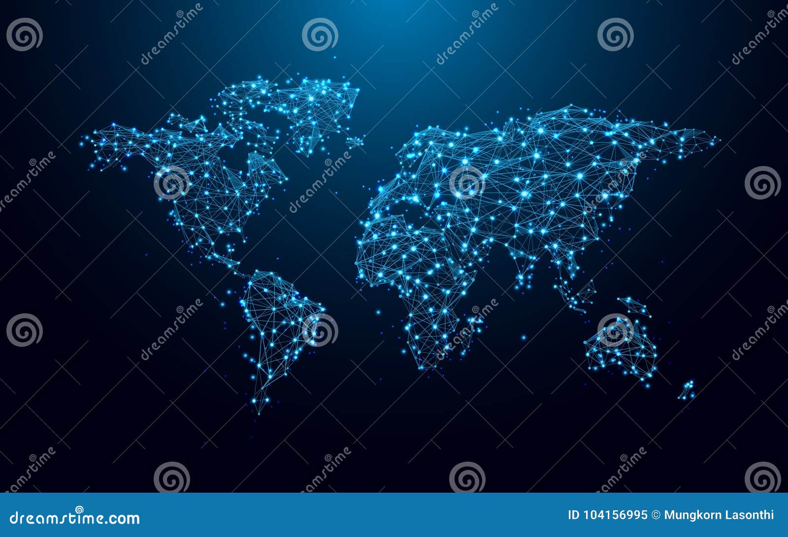 world map from lines and triangles, point connecting network on blue background