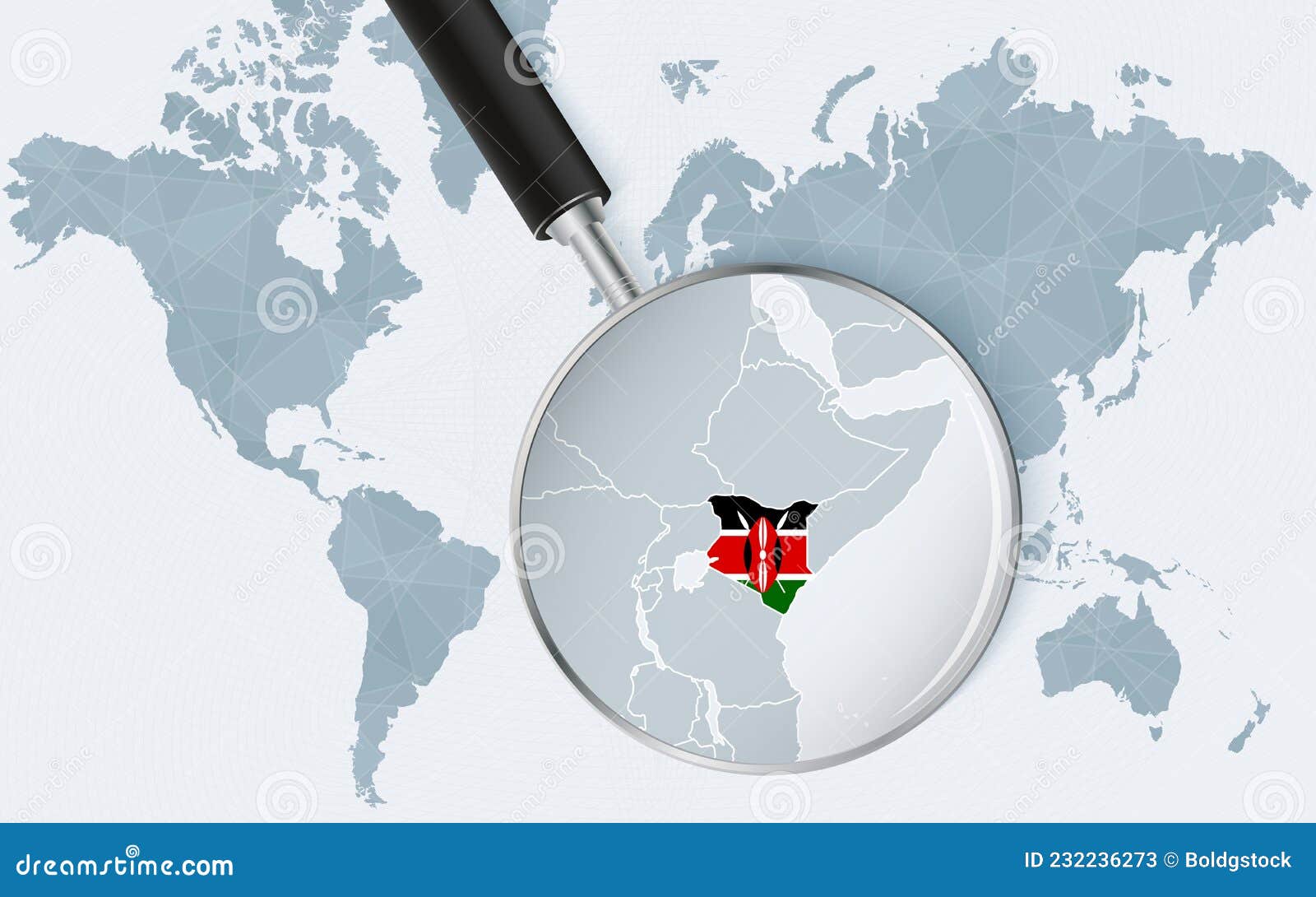 World Map with a Magnifying Glass Pointing at Kenya. Map of Kenya with
