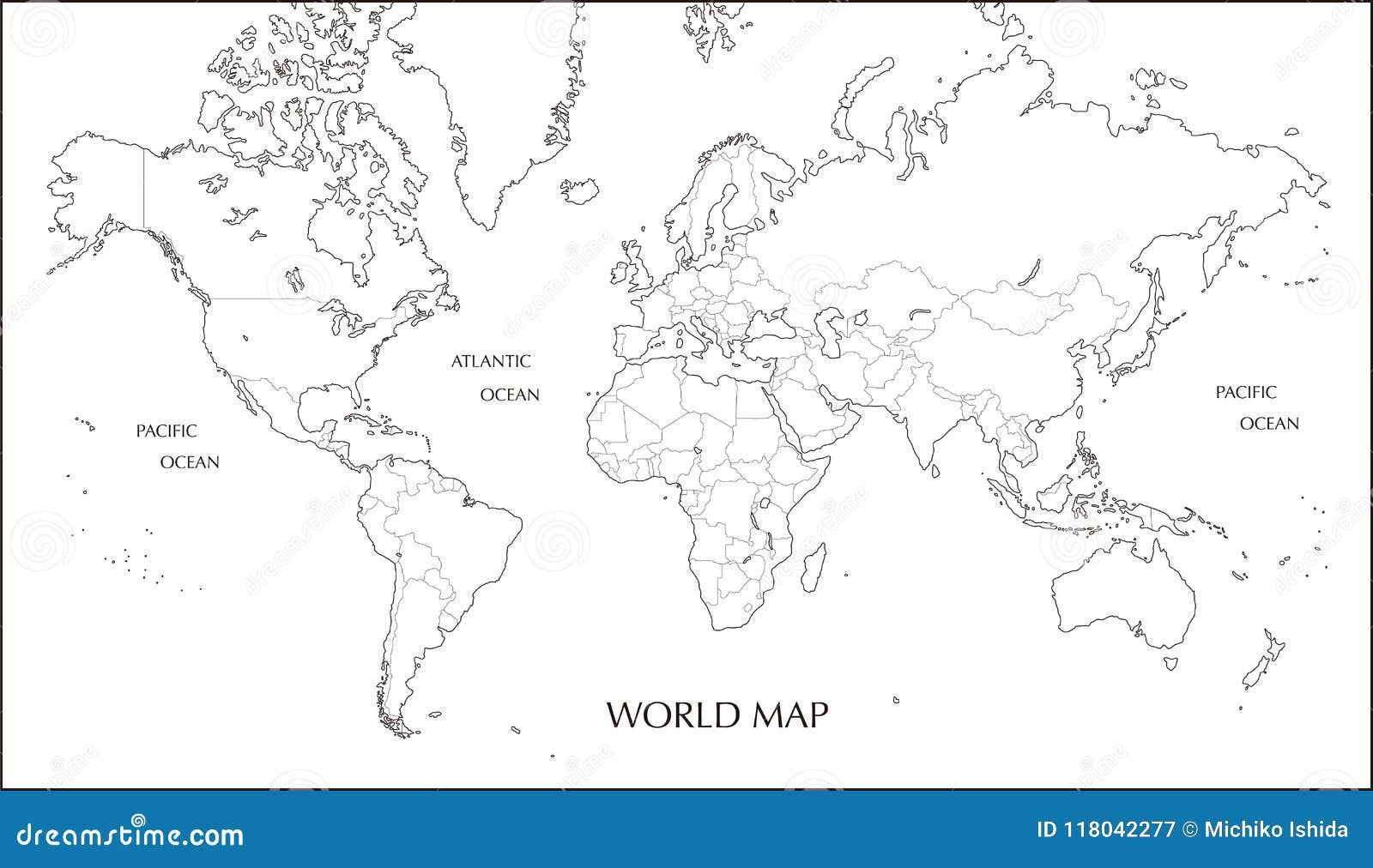 world map, mercator projection blank map with boundary line