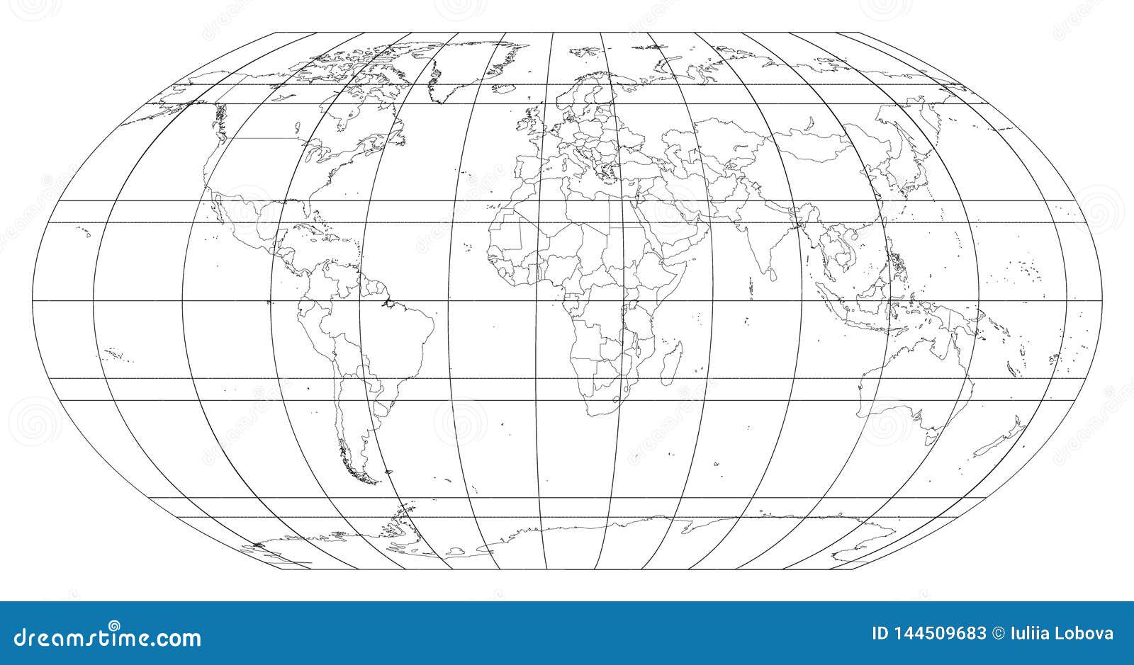 World Map With Meridians And Parallels Grid On White Background