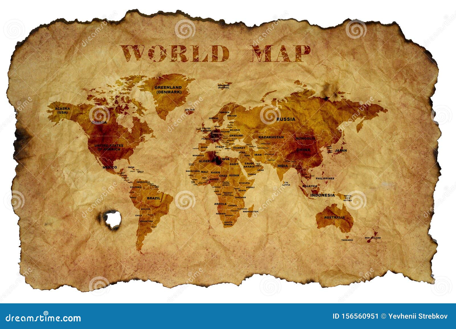 World Map on Old Parchment with Country Names Stock Image - Image ...