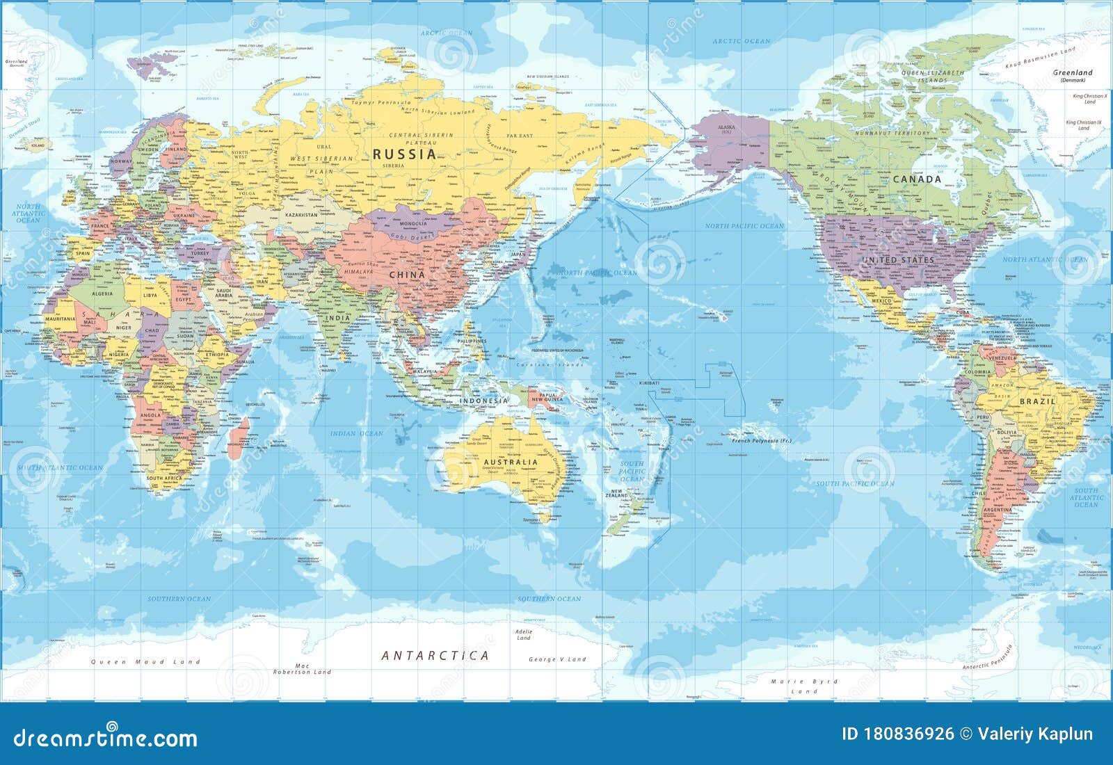 world map - pacific view - asia china center - political topographic -  detailed 