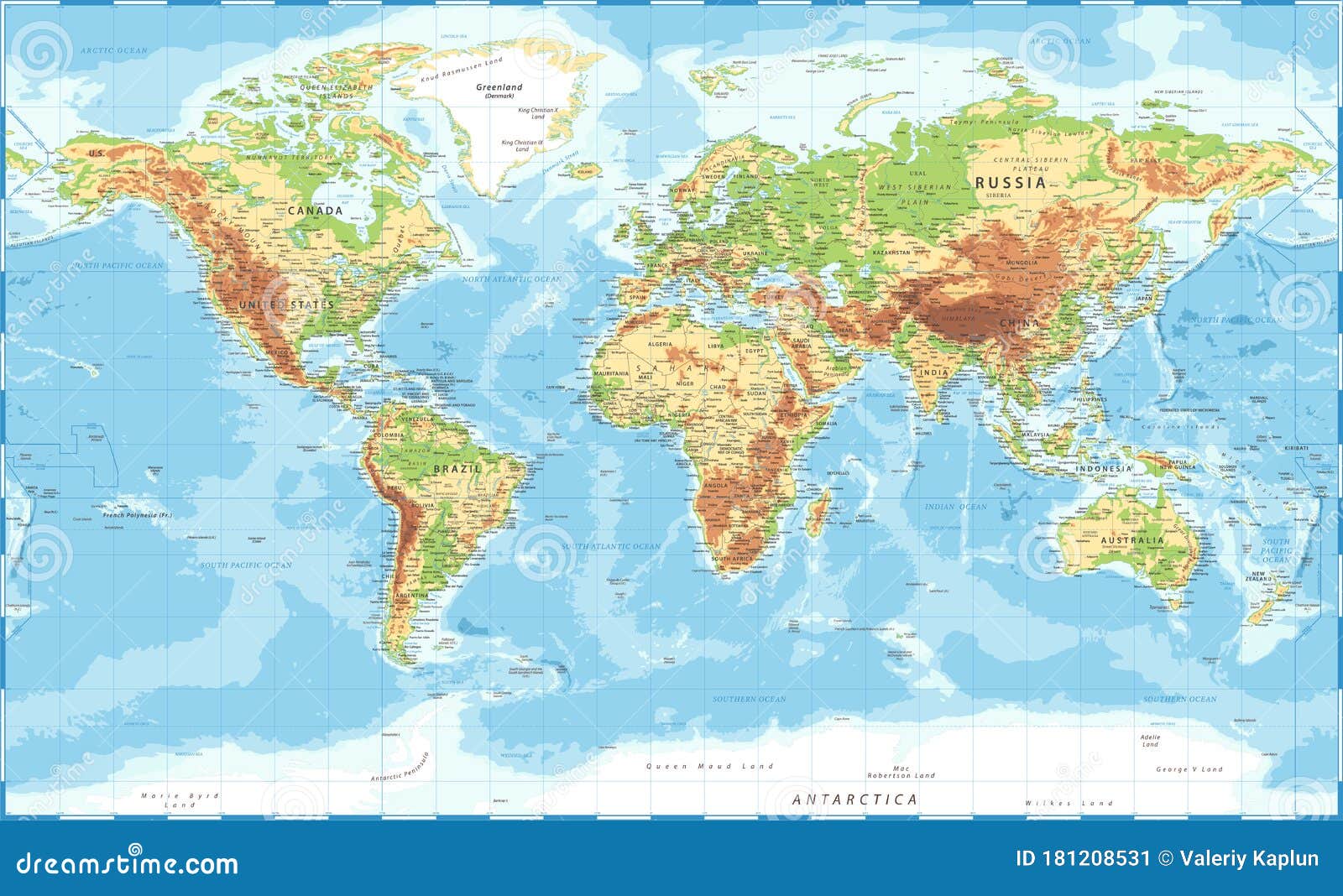 world map - physical topographic -  detailed 