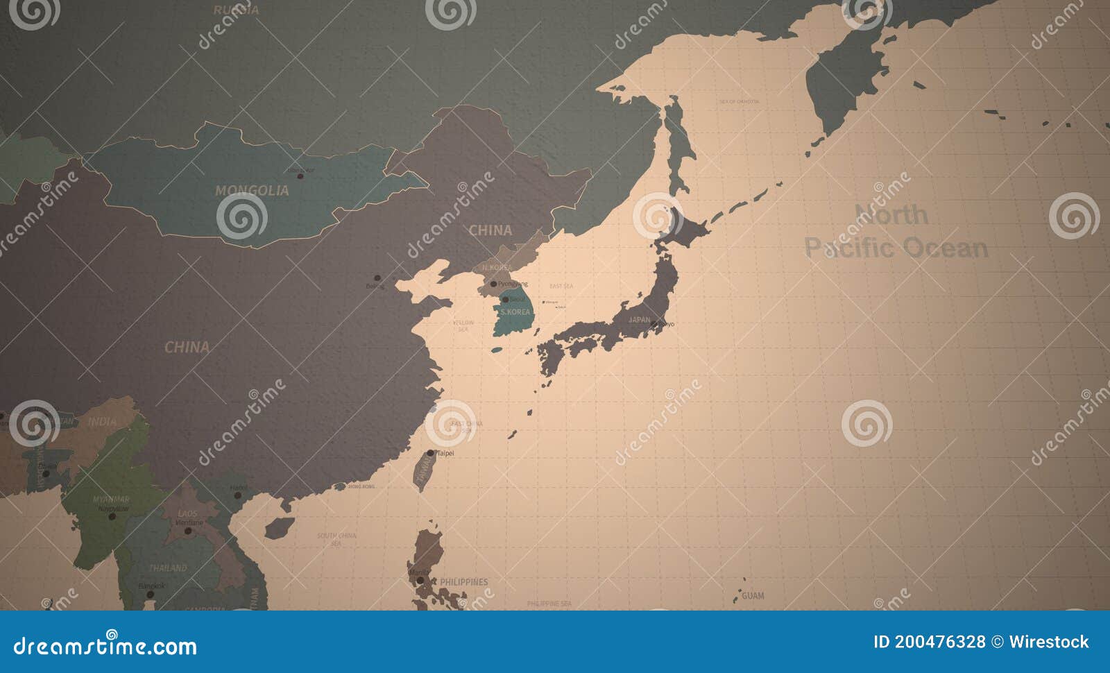 North East Asia Countries Map. 3d Rendering of Vintage Continental