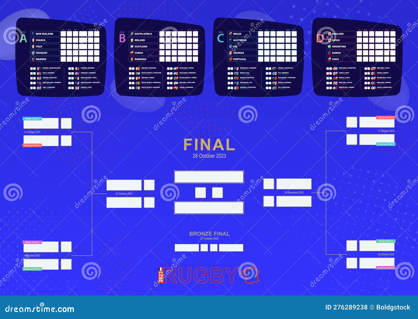 World Match Schedule Rugby Tournament Results Table Flags Participants Vector Bracket 276289238 