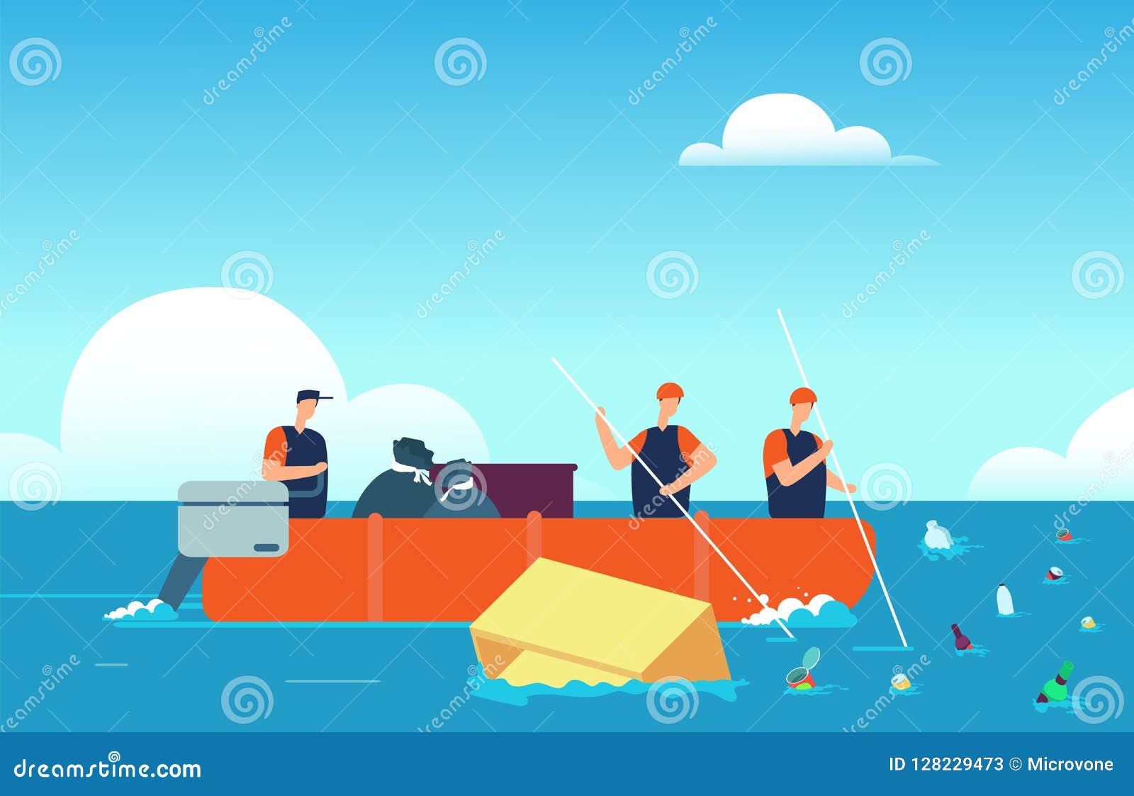 world ocean pollution. people in boat collecting plastic garbage in sea. polluted water enviroment cartoon 