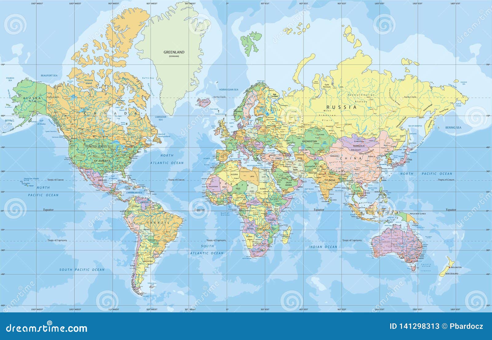 political world map in mercator projection.