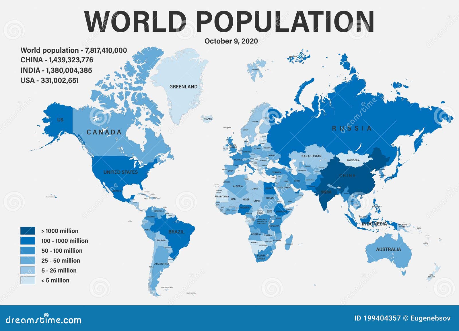 world population on political map with scale, borders and countries