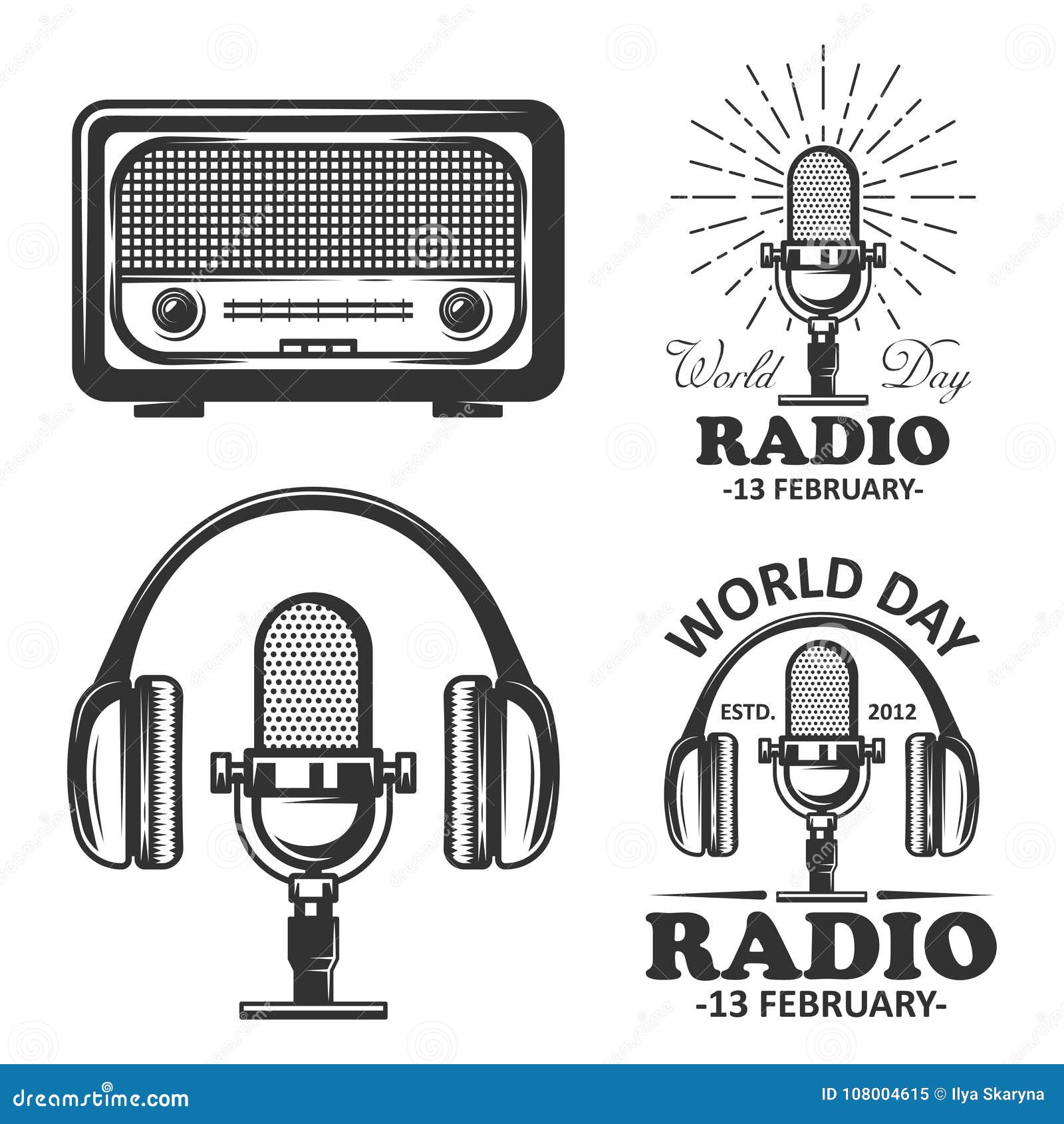 World Radio Day Set of Vector Vintage Emblems. Radio, Microphone ...