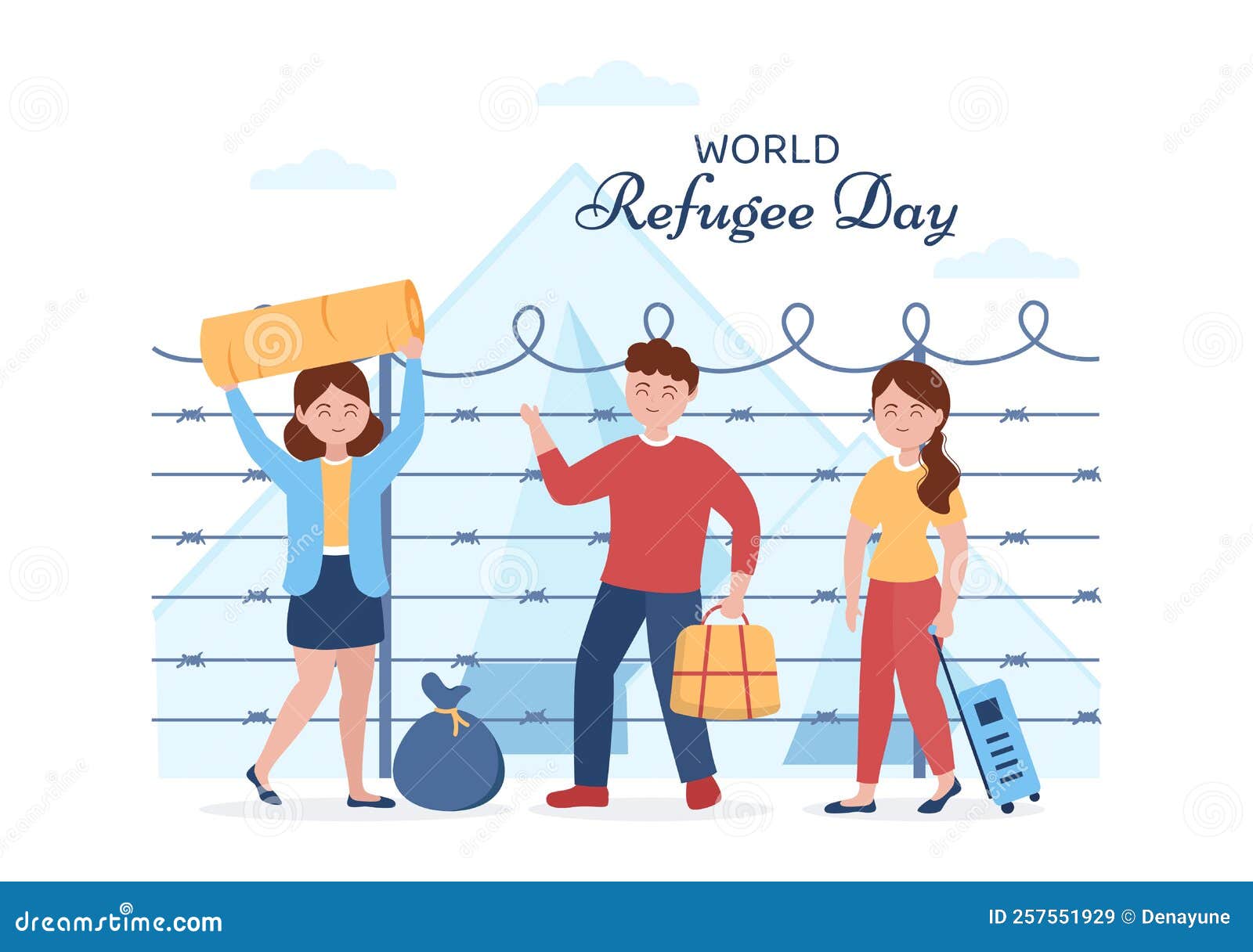 world refugee day template hand drawn cartoon flat  with hands, family and climb barbed wire fence to immigrate