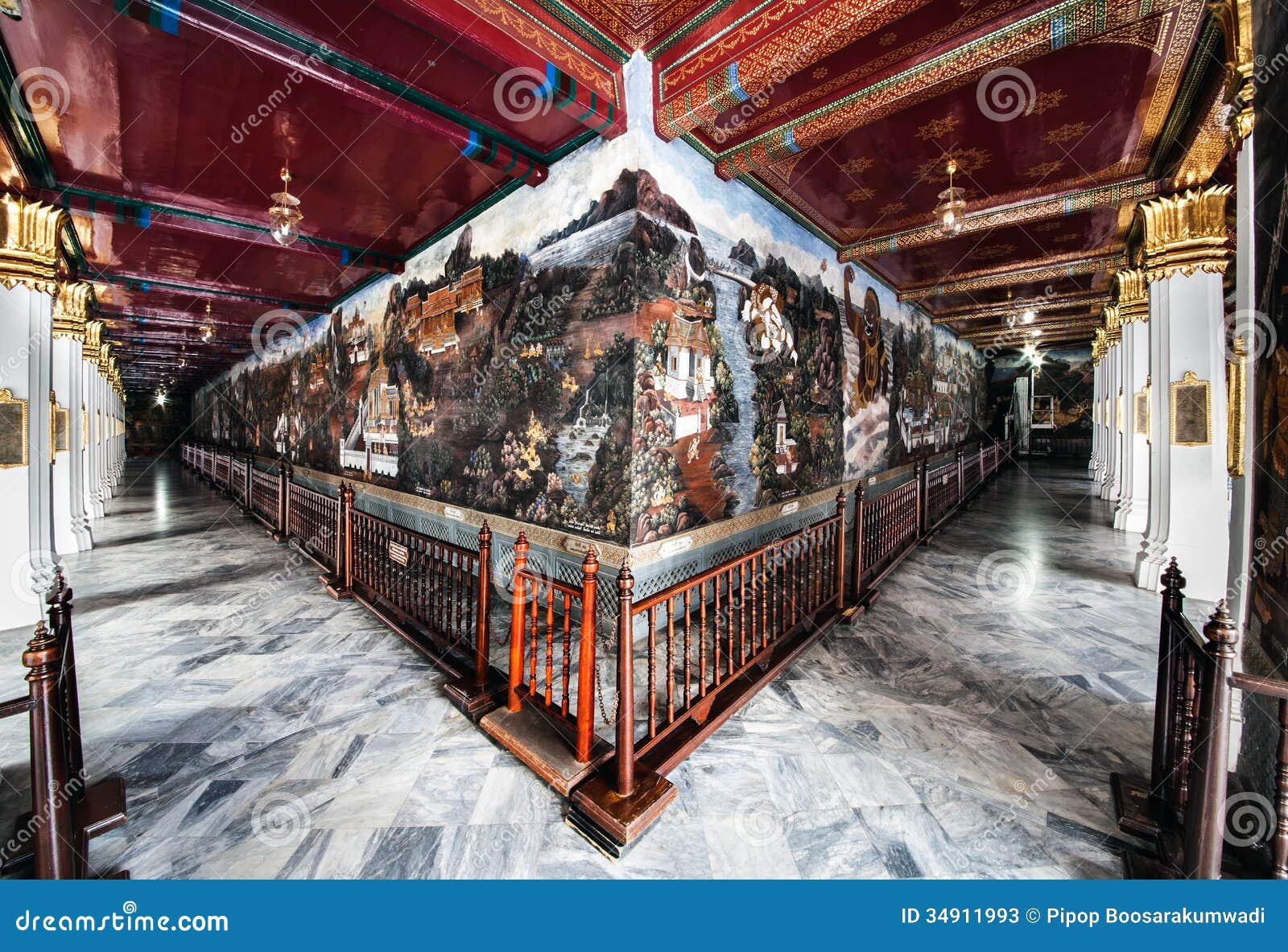 world's longest mural painting, wat phra kaew, bangkok, landmark of thailand.