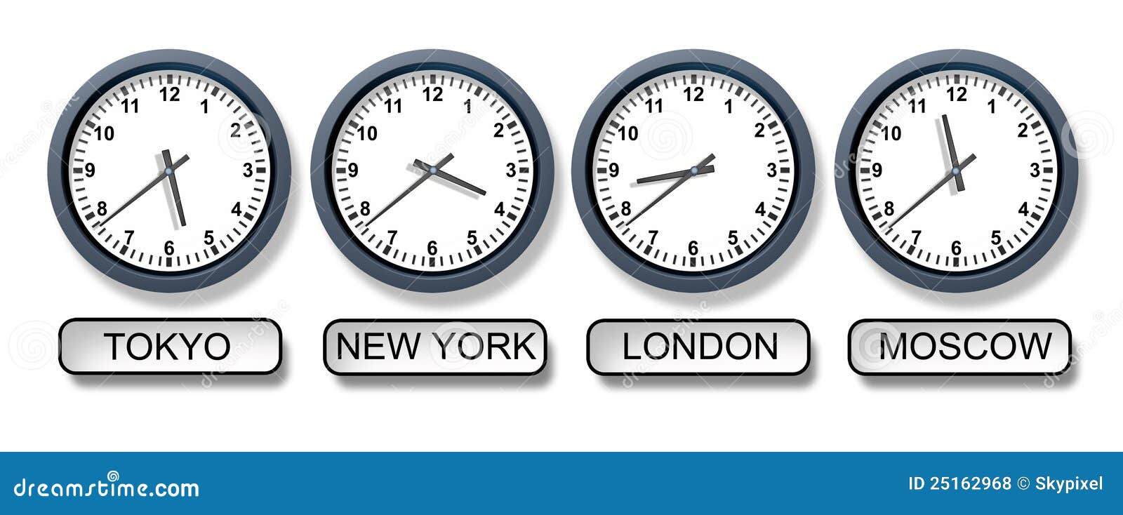 Time zone clocks. Modern wall round clock face, time zones day and