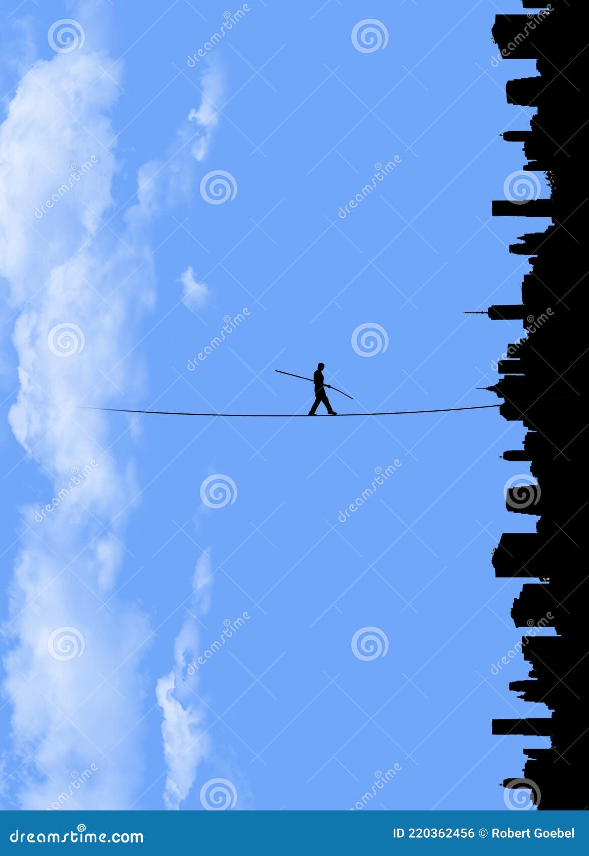 In a World Turned Sideways a Man Walks a Tightrope from Clouds To