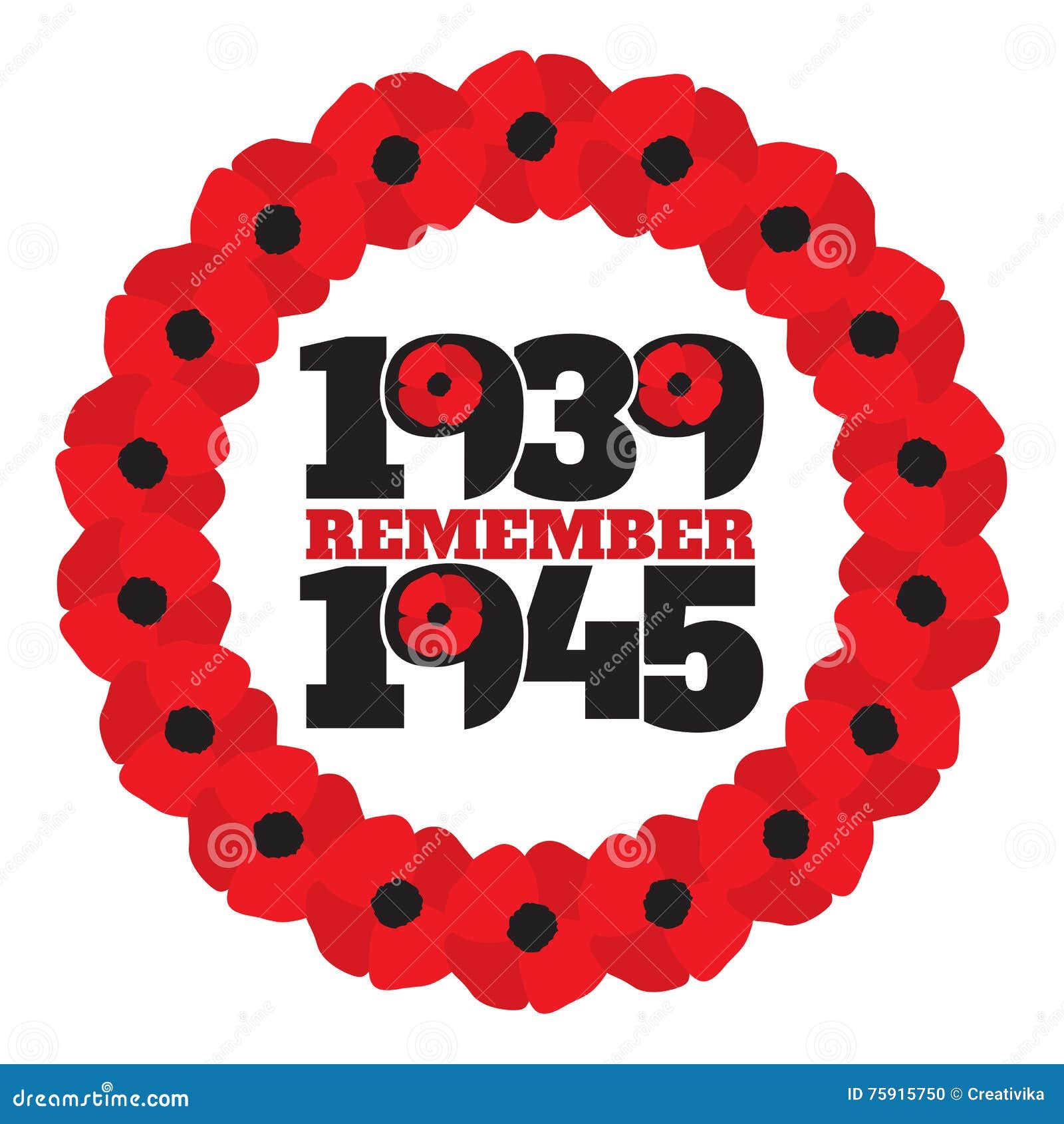 World War II Commemorative Symbol with Dates, Poppies Stock Vector Illustration of europe