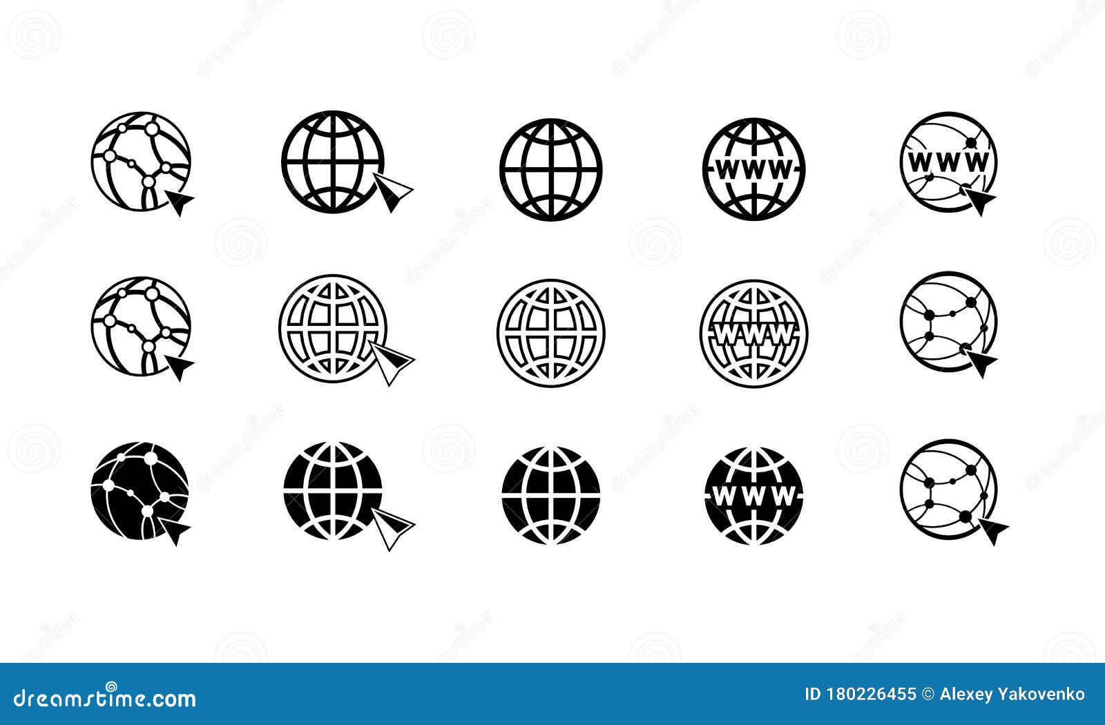 World Wide Web Concept Globe Internet Icons Set with Cursor or Mouse ...