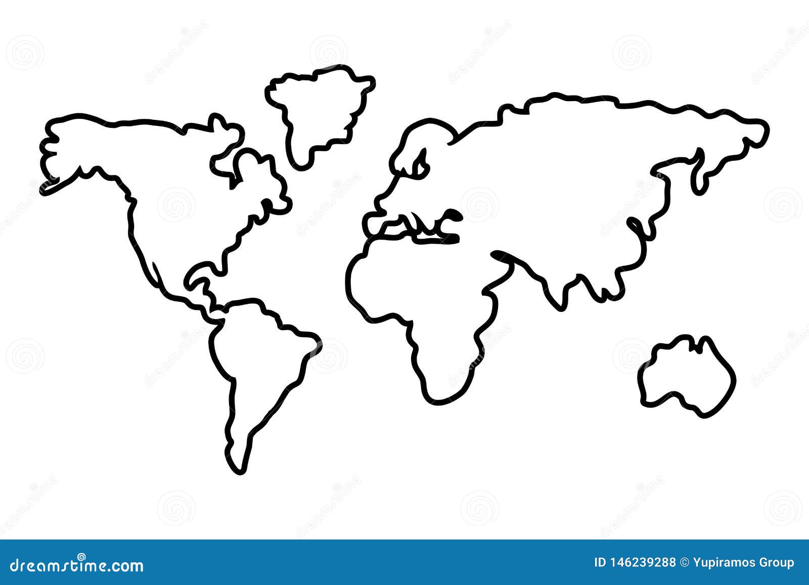 Worldwide Map Outline Continents Isolated Black And White Stock
