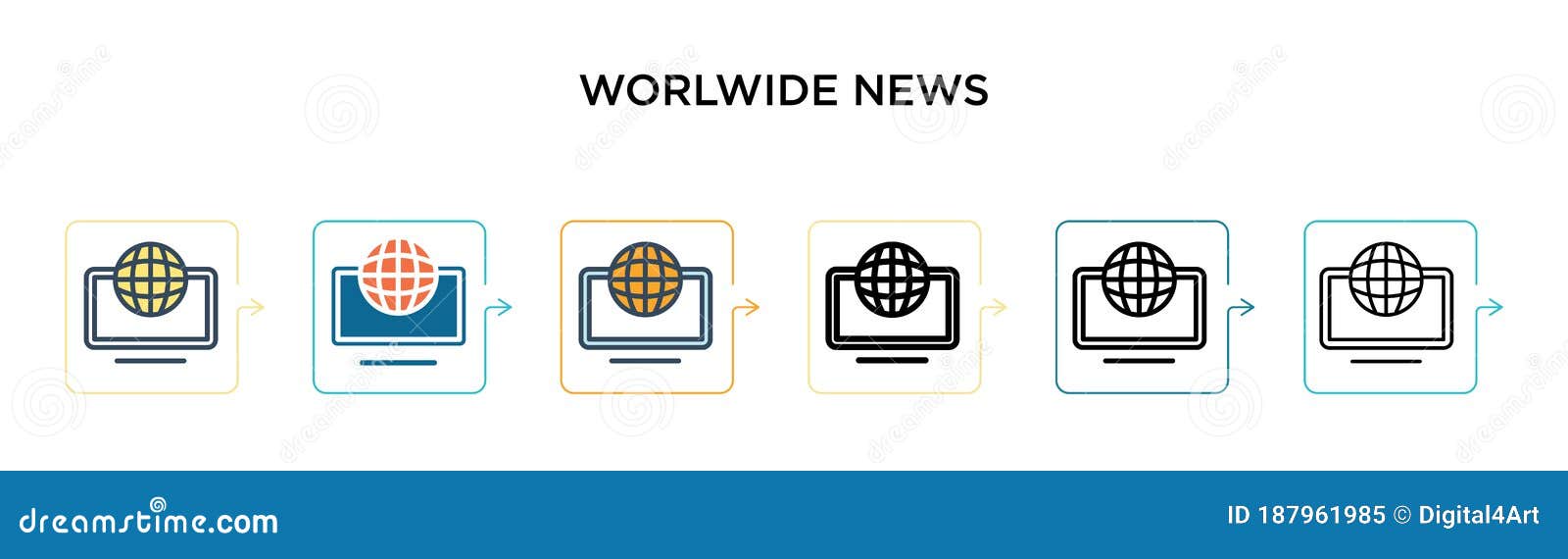 worlwide news  icon in 6 different modern styles. black, two colored worlwide news icons ed in filled, outline, line