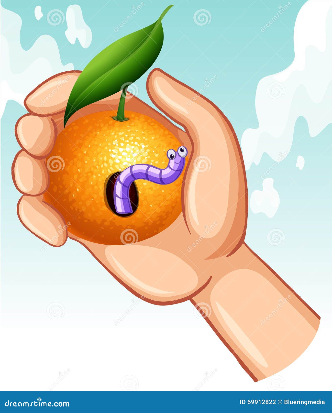 Worm in rotten orange stock vector. Illustration of hand 69912822