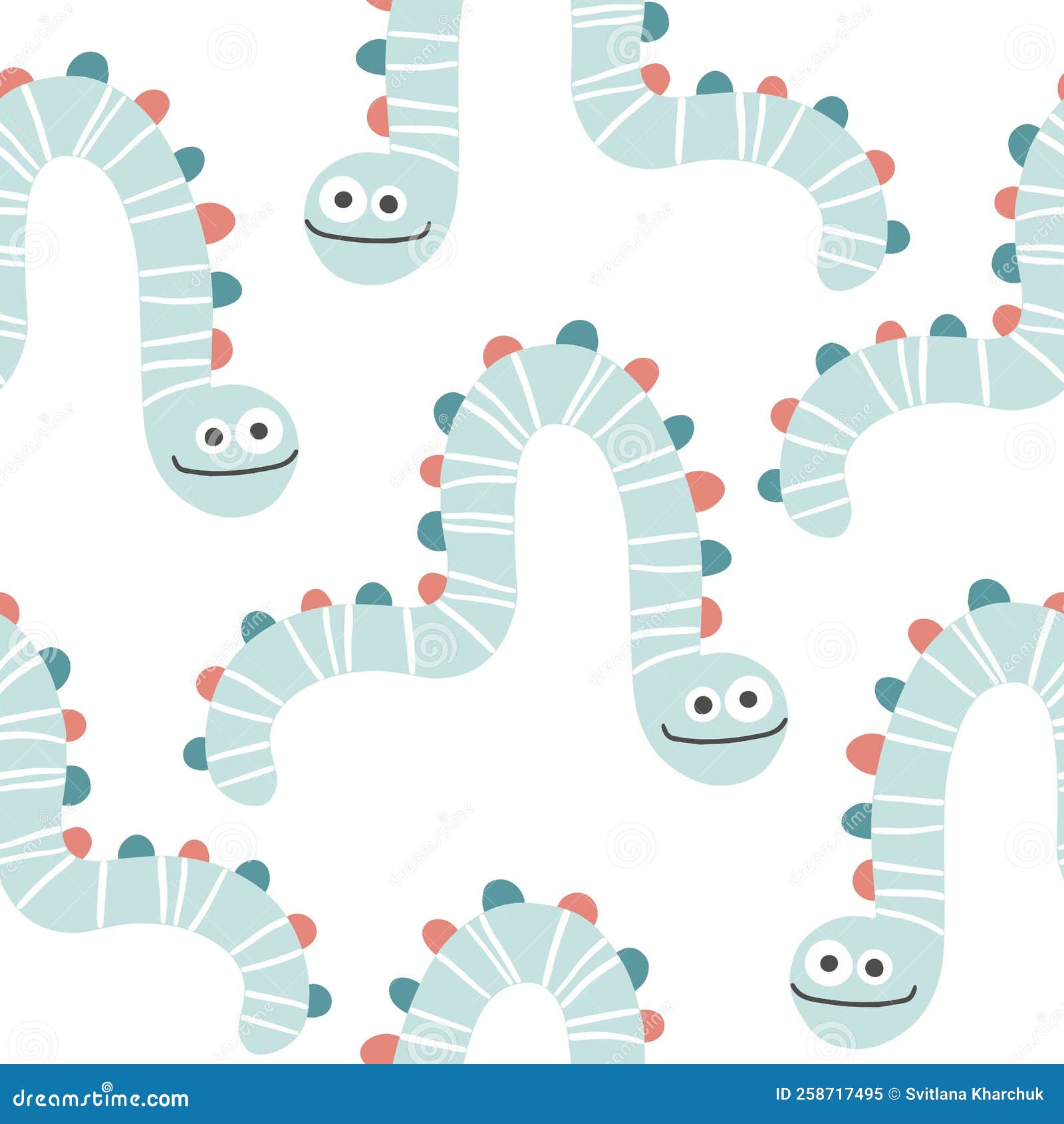 worm snake seamless pattern. monster in striped. cute cartoon character in simple hand-drawn scandinavian style. 