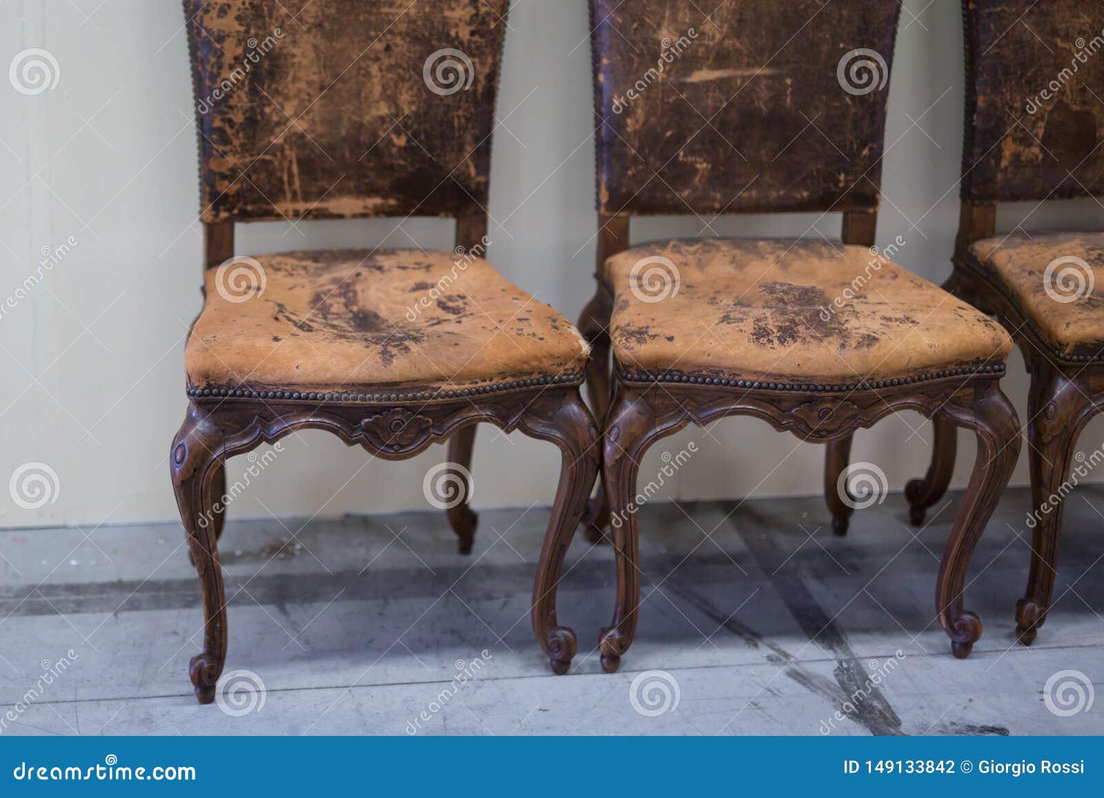 Worn Brown Vintage Leather and Wooden Chairs Stock Photo Image of leather, fashion 149133842