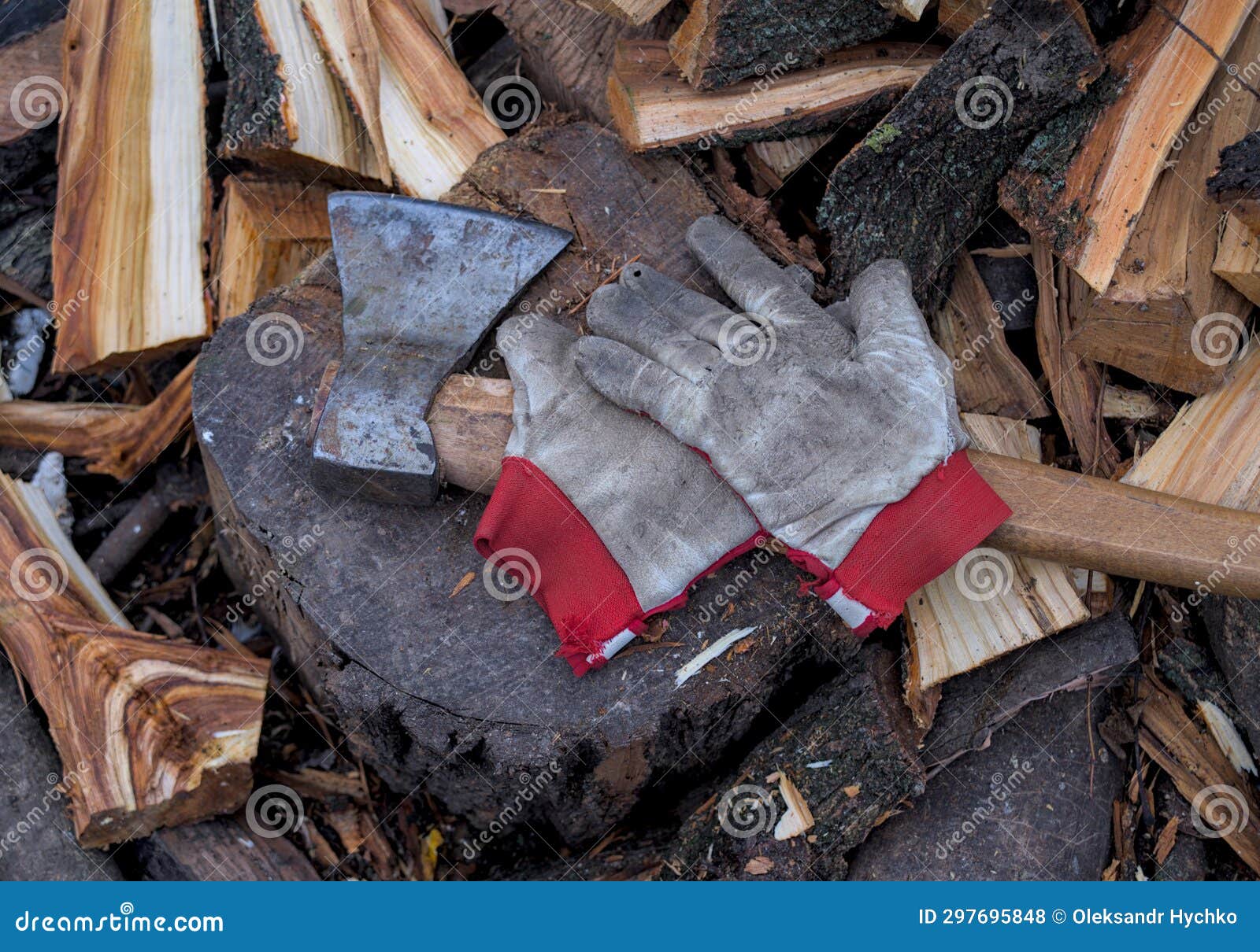 Worn Leather Gloves, Ax and Firewood Stock Photo Image of environment