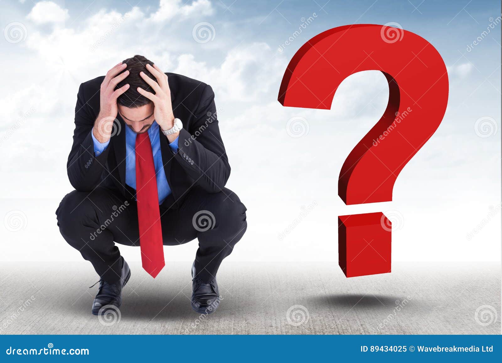 Worried Businessman with 3d Question Mark on His Side Stock Illustration Illustration of