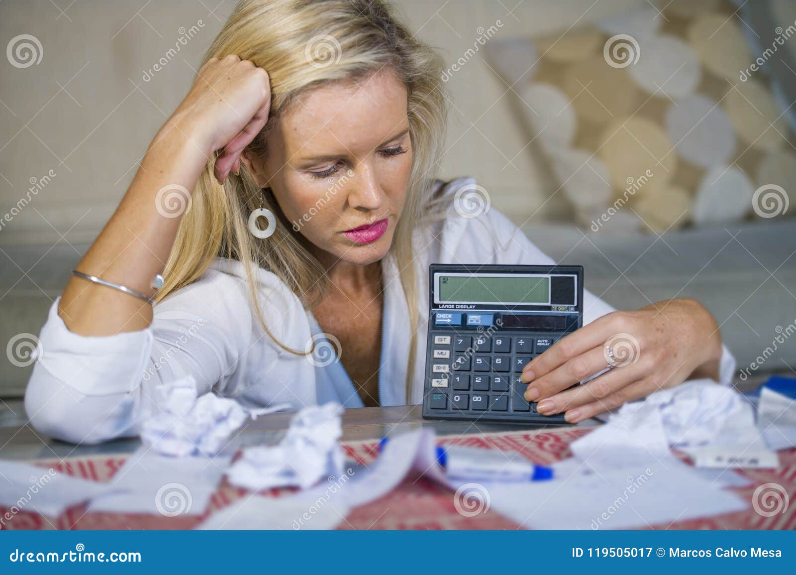 Worried And Desperate Blond Woman Calculating Domestic Money Exp Stock