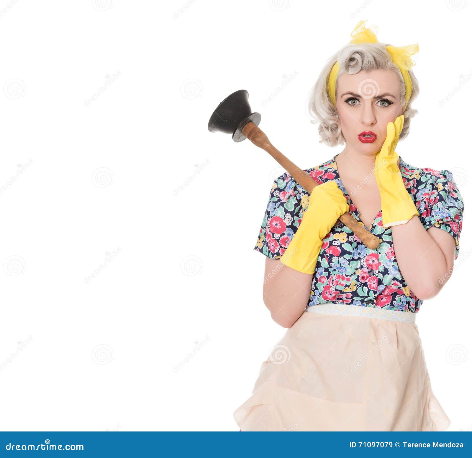 worried fifties housewife with sink plunger, humorous concept, s