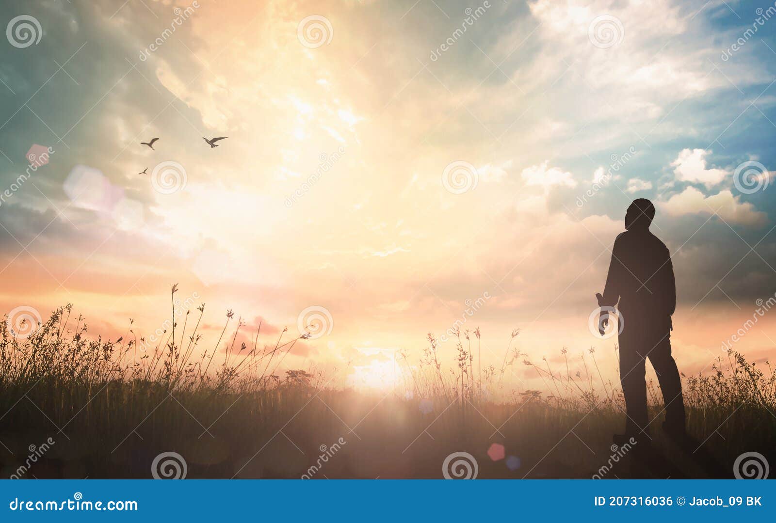 humble man standing on sunlight with meadow autumn sunset