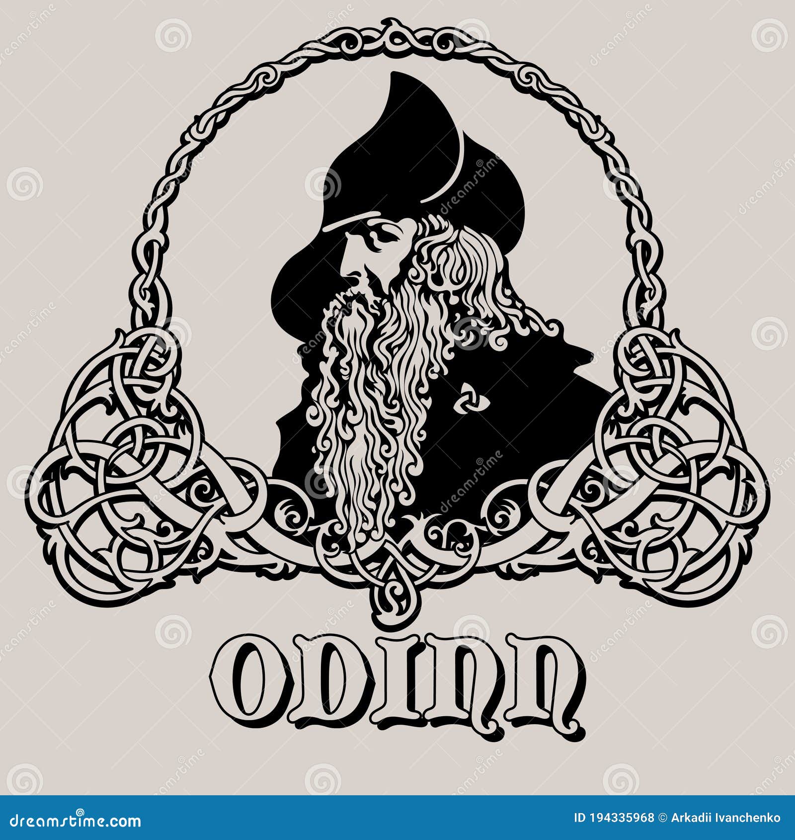 Scandinavian supreme god of Norse mythology - Odin. Hand drawing of Odin  Head. Cartoon bearded man character. God Odin, Wotan tattoo. Traditional  norse ornament. Vector graphics to design Stock Vector