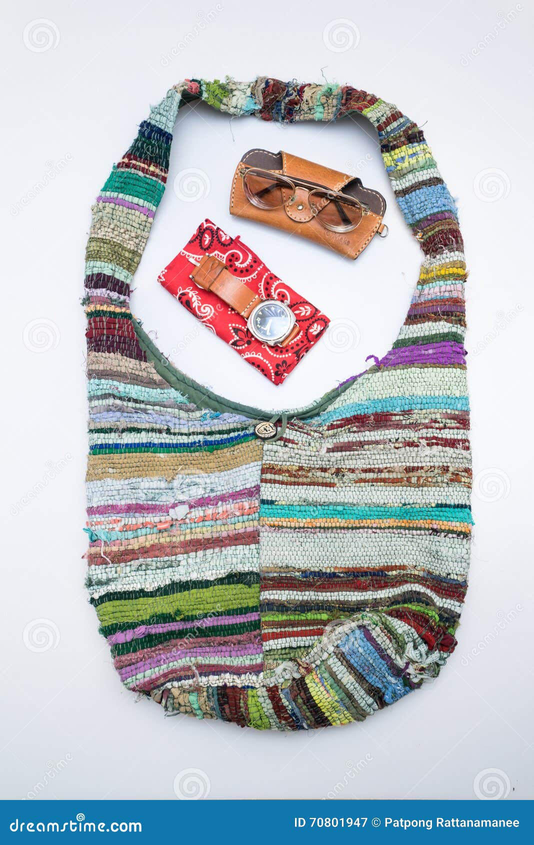 Woven bag with accessories stock image. Image of camera 70801947