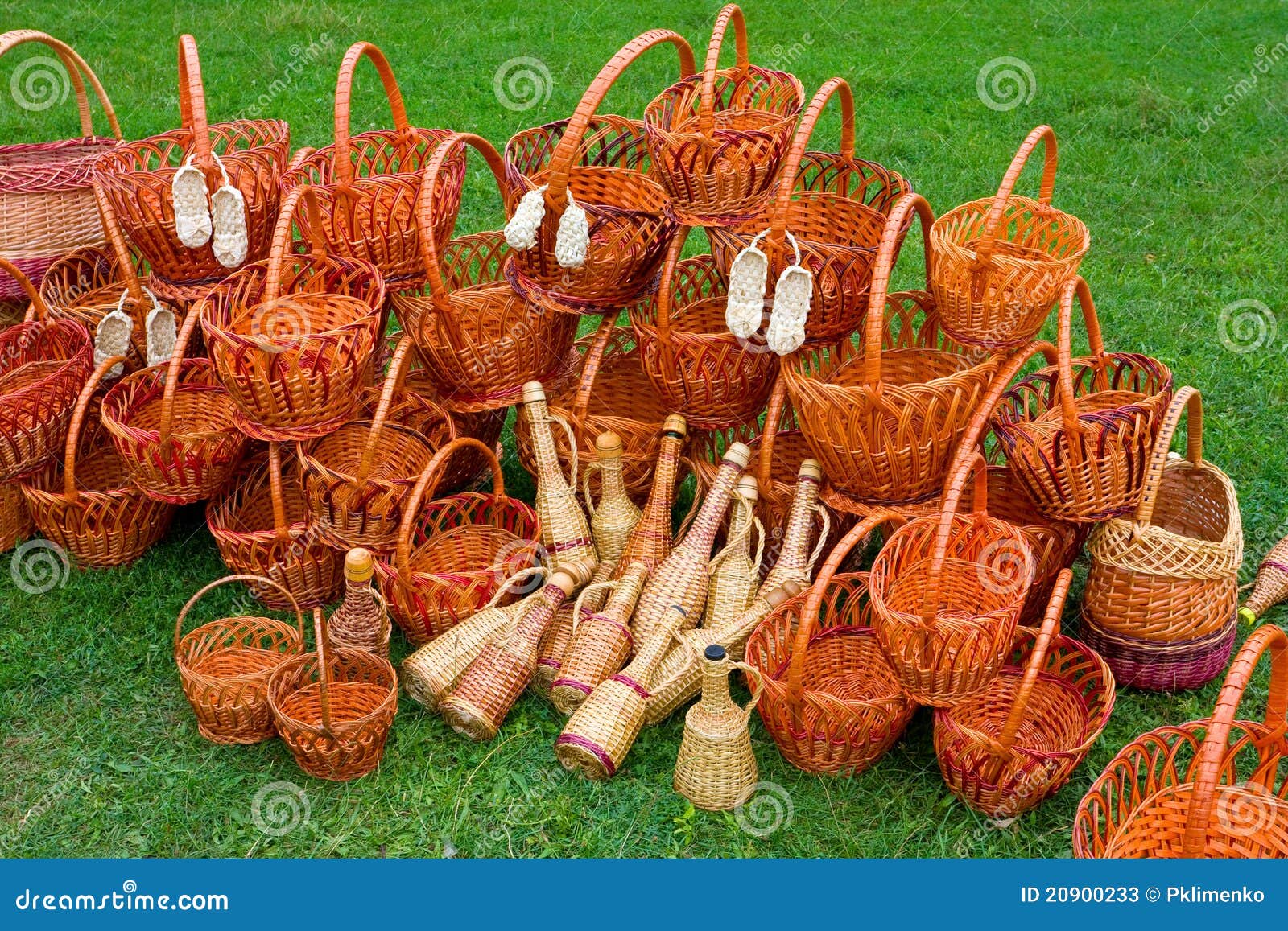 Woven Baskets on Green Grass Stock Image Image of material, arrange