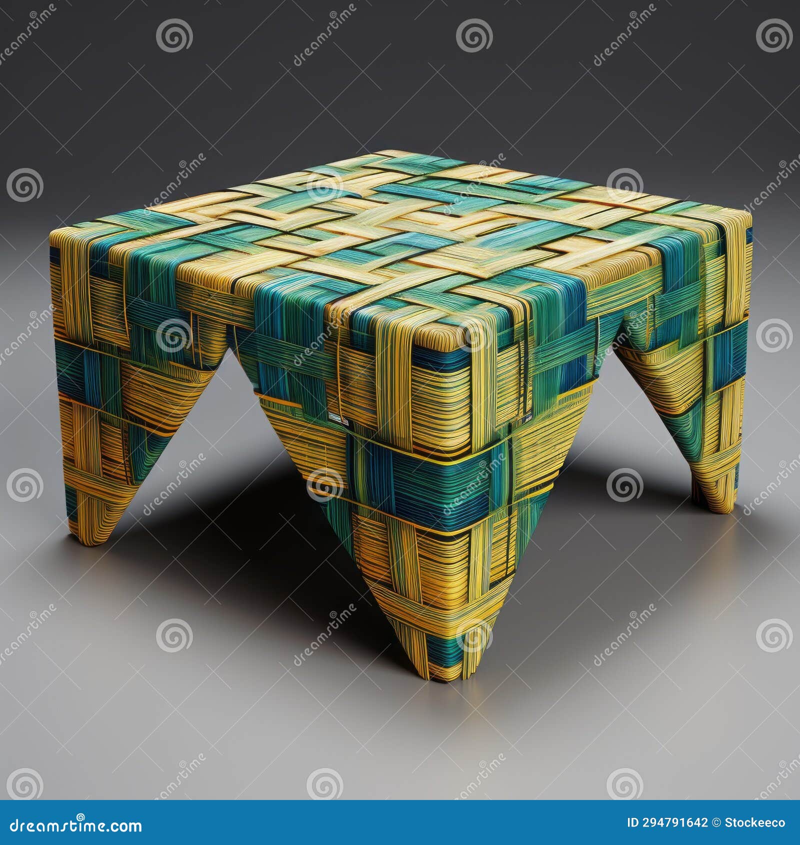 woven stool with blue and yellow color accent - finely rendered textures and symmetrical harmony