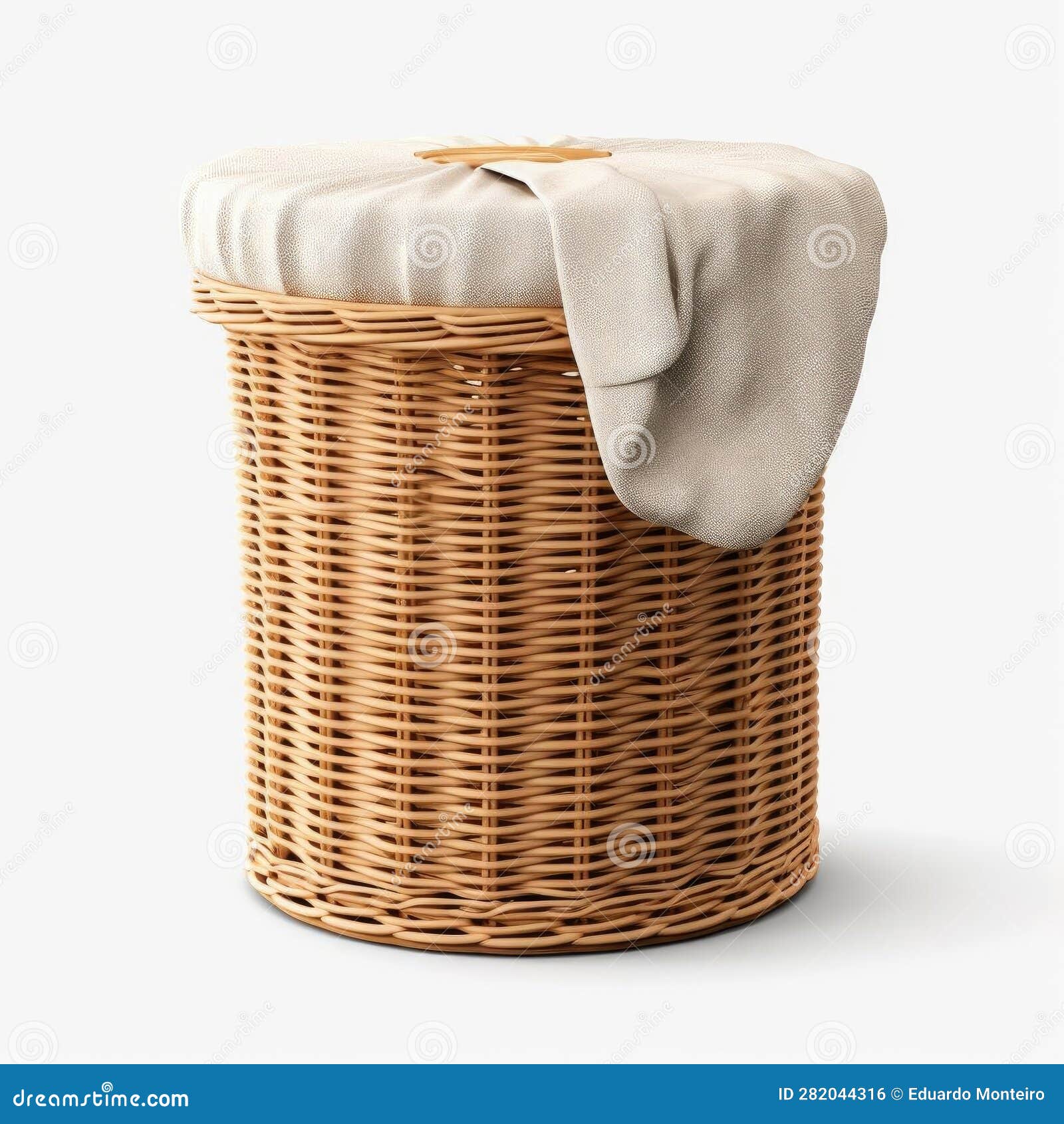 A Woven Wicker Laundry Basket with a Removable Cotton Liner Stock
