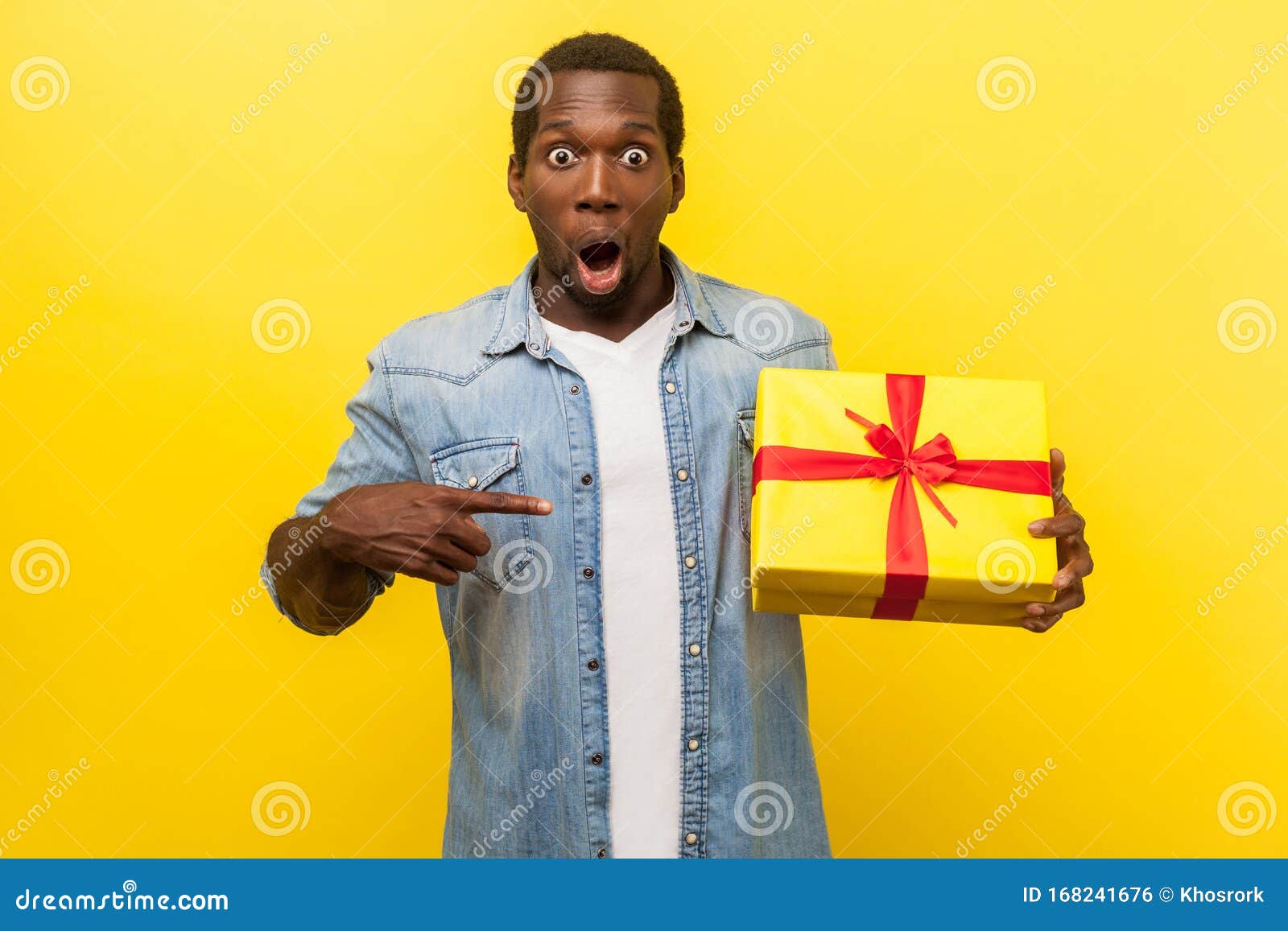 Wow, Amazing Present! Portrait of Shocked Man Pointing at Gift Box ...