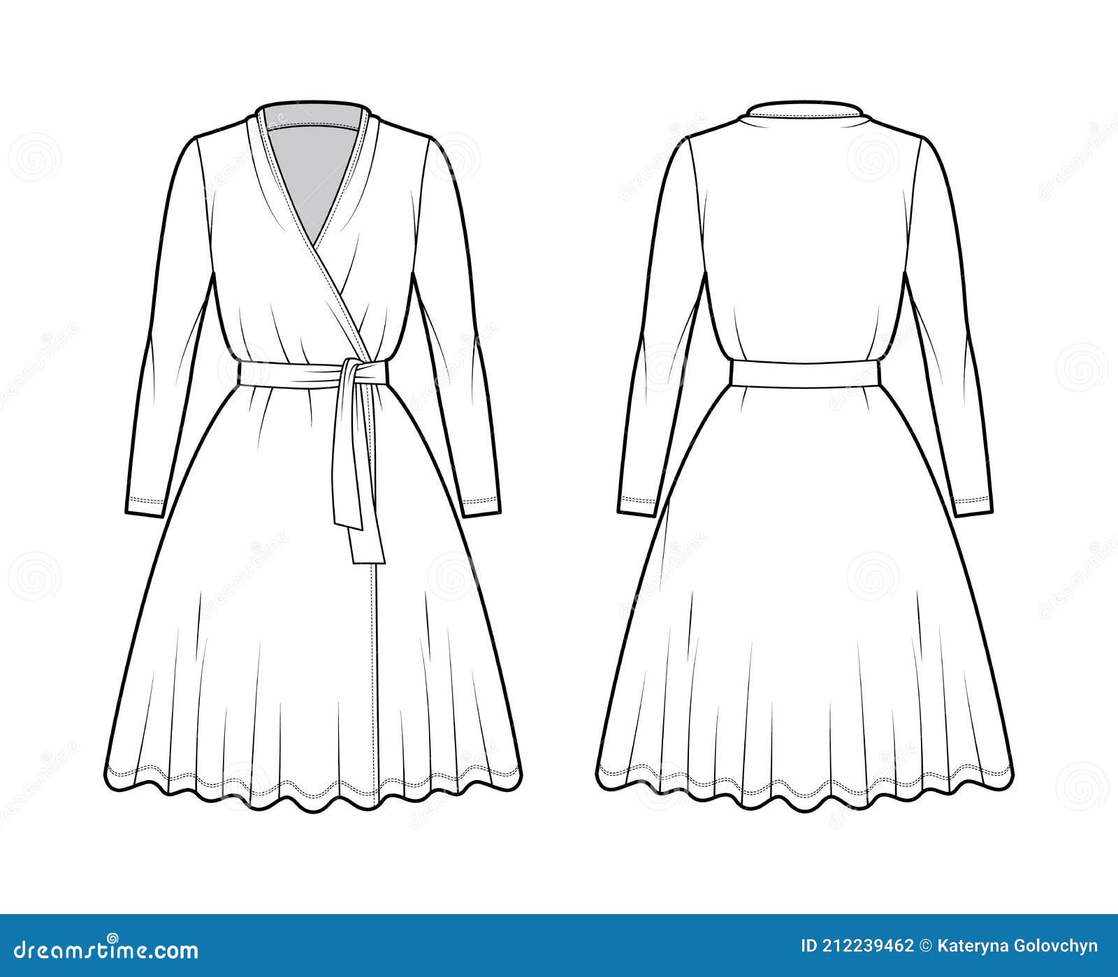 Wrap Dress Technical Fashion Illustration with Deep V-neck, Long ...