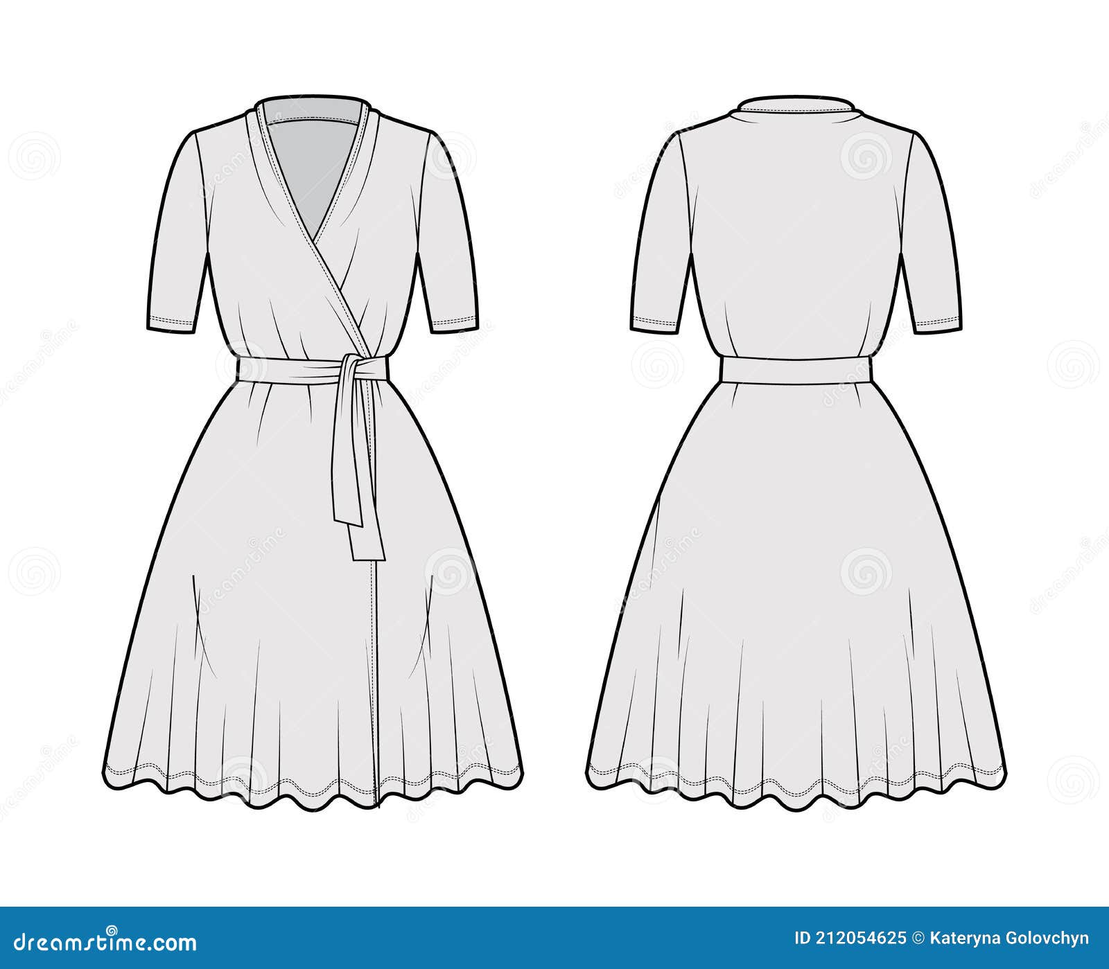 Wrap Dress Technical Fashion Illustration with Deep V-neck, Short ...