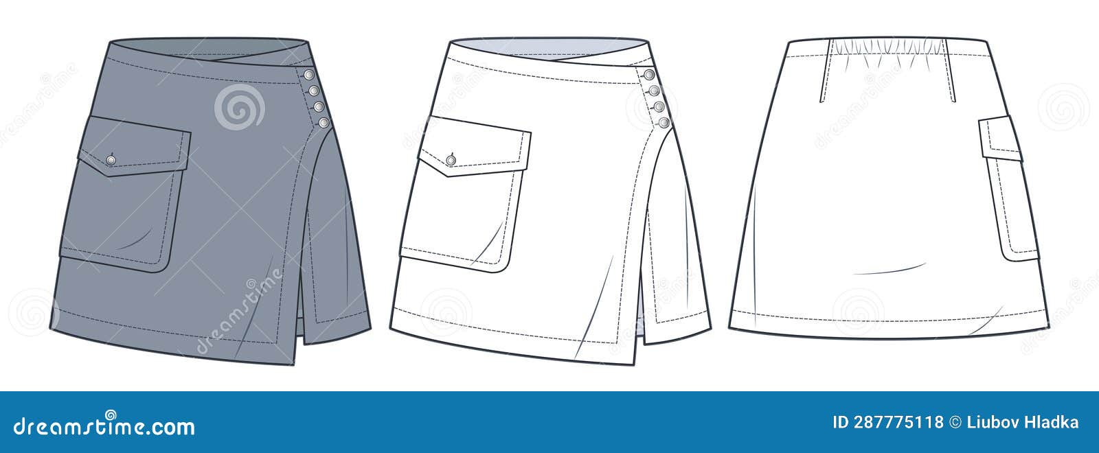 Wrap Mini Skirt Technical Fashion Illustration. Asummetric Skirt ...