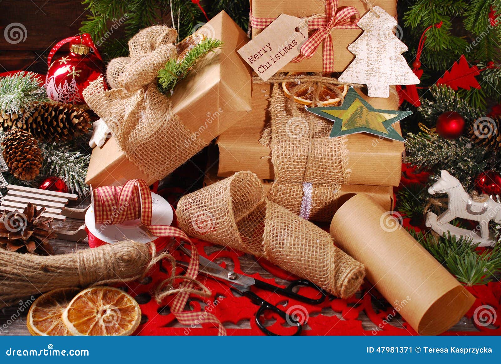 Roll Wrapping Paper Scissors Tags Ribbons Stock Photo 2301598667