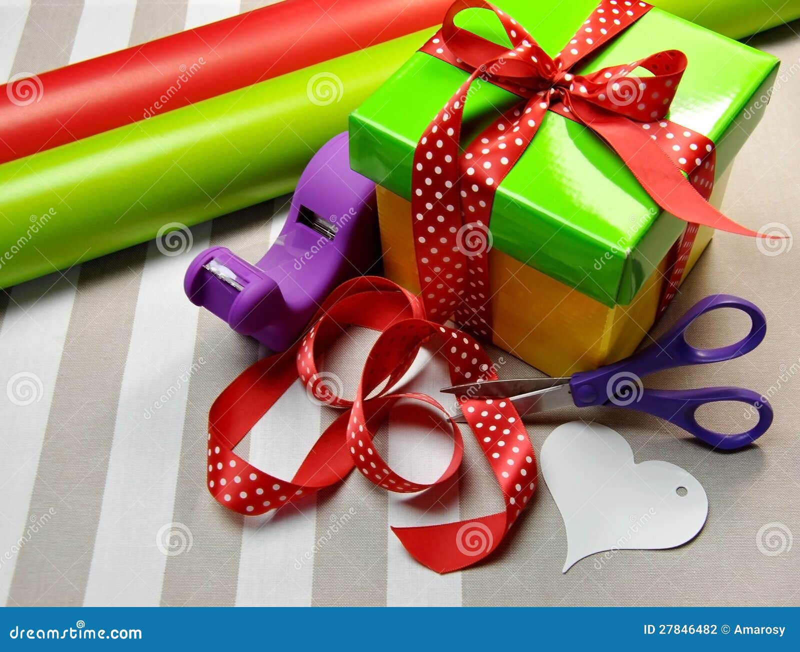 Roll Wrapping Paper Scissors Tags Ribbons Stock Photo 2301598667