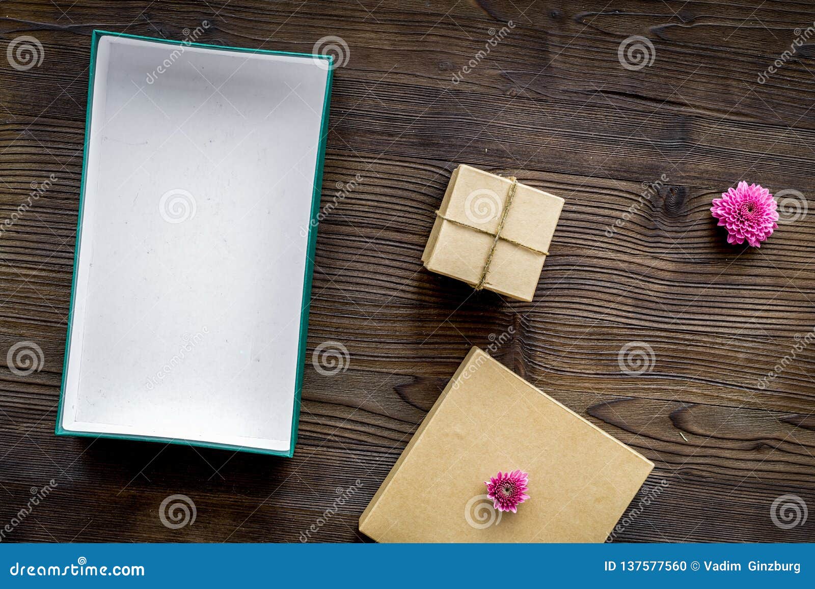Download Wrapping Gifts In Box For Holiday Top View Mock Up Stock Photo - Image of boxes, ribbon: 137577560