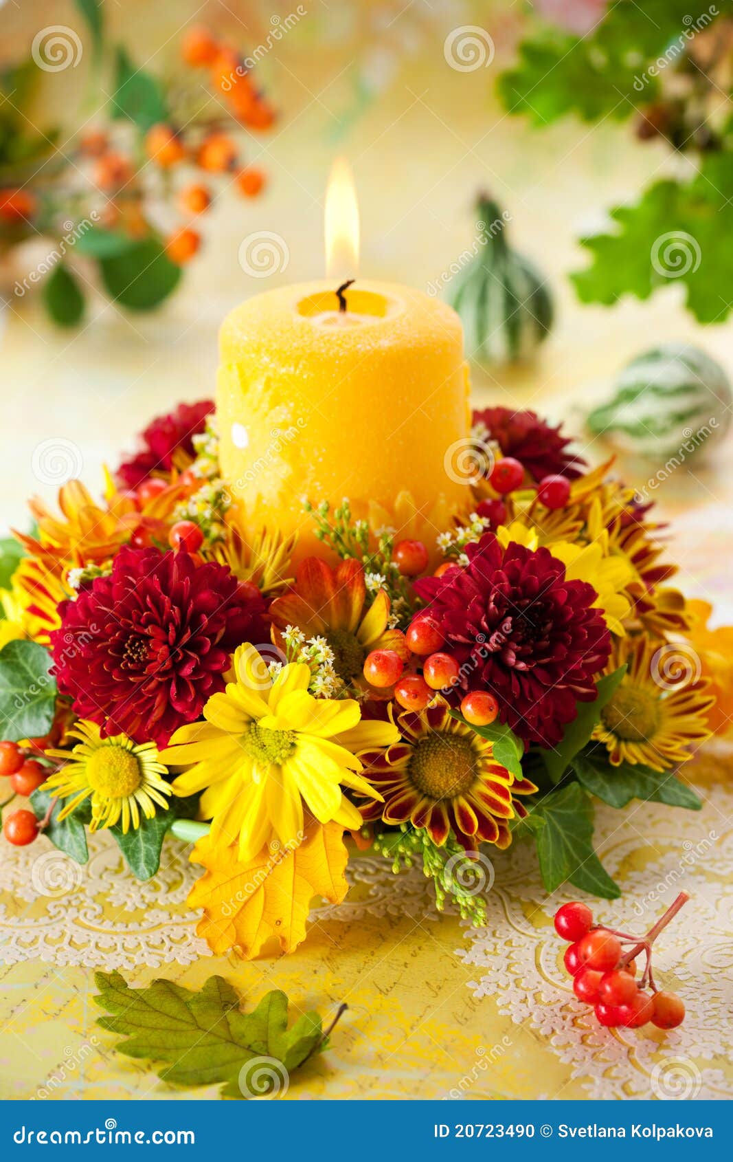 Wreath Of Autumn Flowers And Candle Stock Photo  Image 