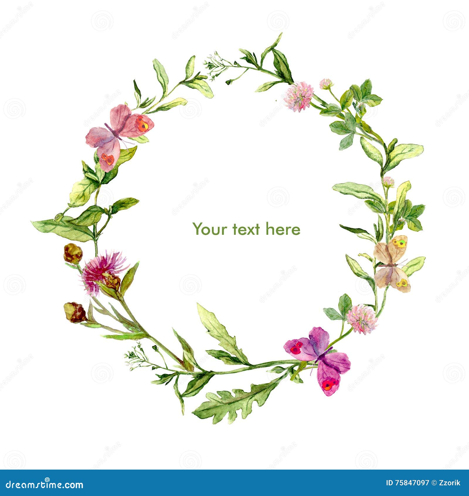 wreath border frame with wild herbs, meadow flowers, butterflies. watercolour