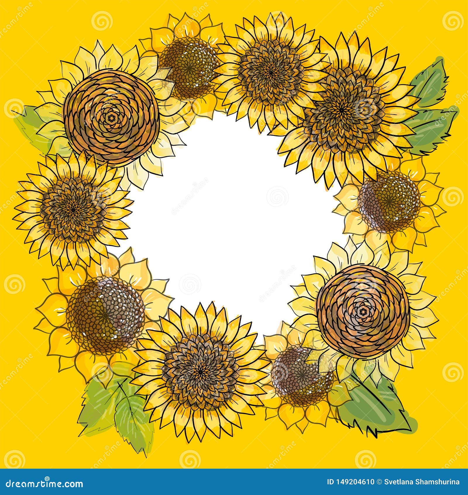 Download Wreath With Hand Drawn Sunflowers Round Frame. Rustic ...