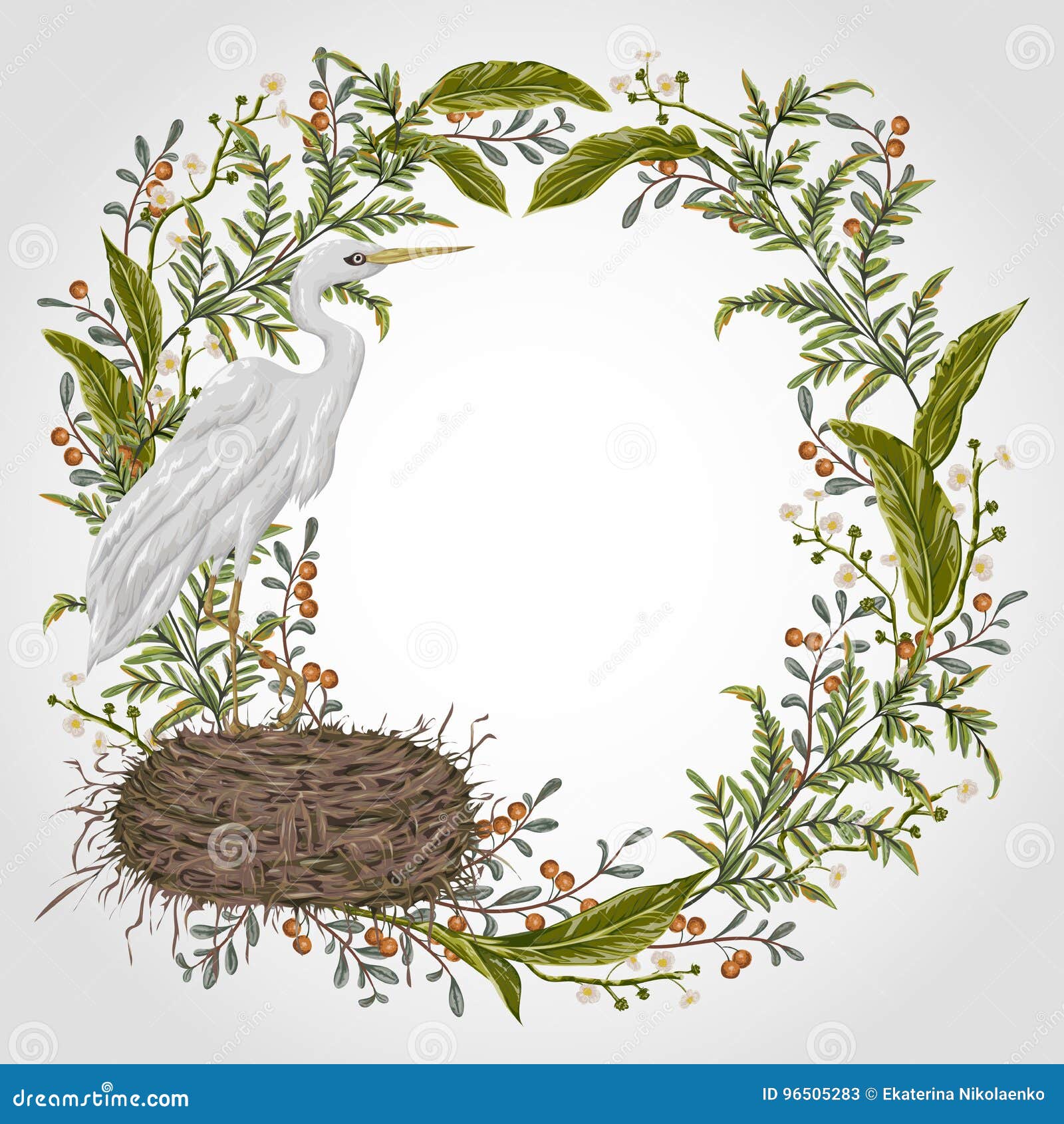 wreath with heron bird, nest and swamp plants. marsh flora and fauna.