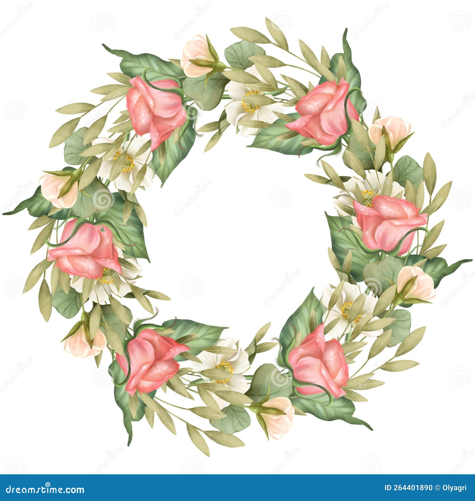 Wreath with Pink Rose Flowers. Floral Frame Isolated on White ...