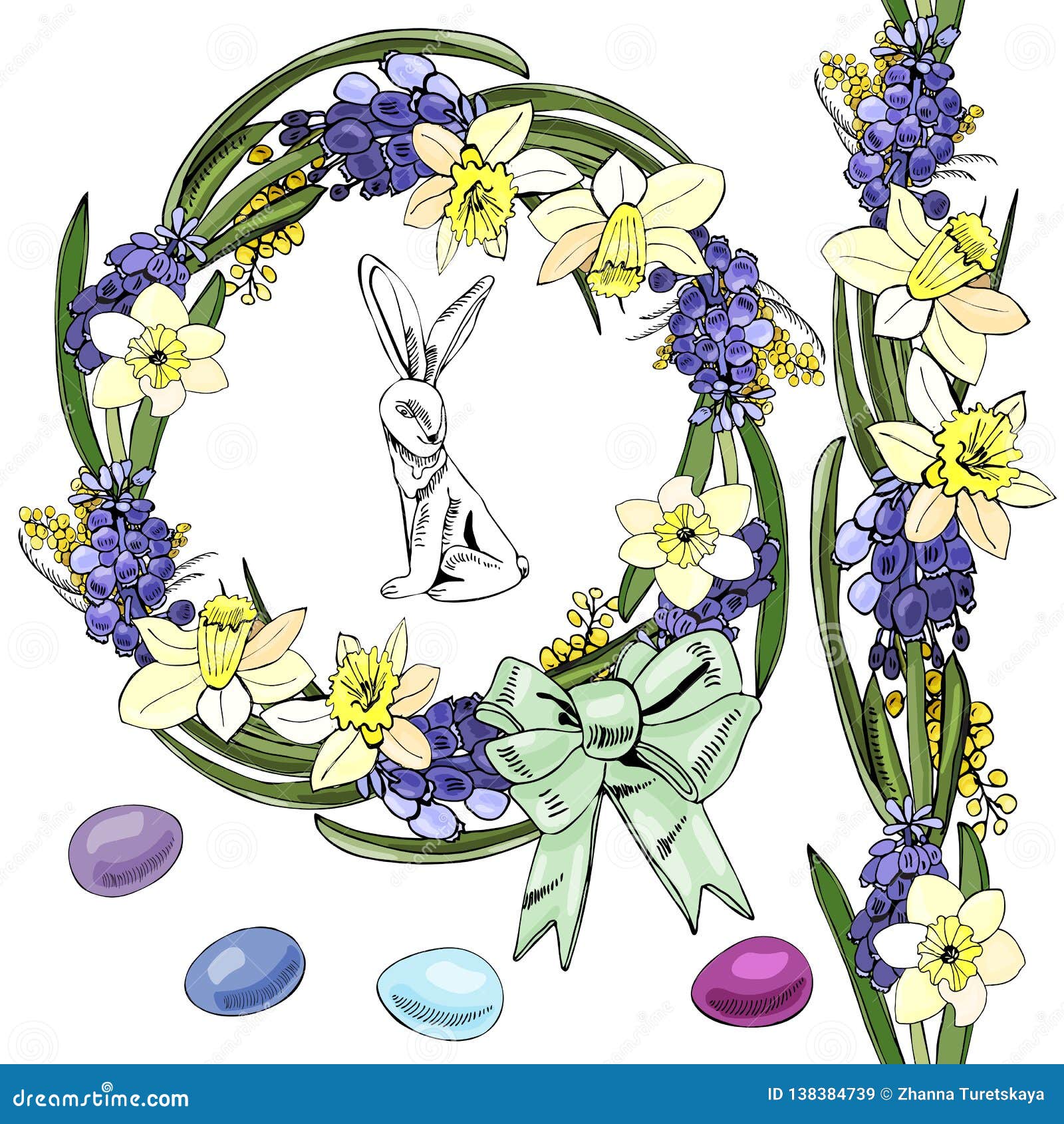 Wreath With Spring Flowers And Objects For Happy Easter Decoration