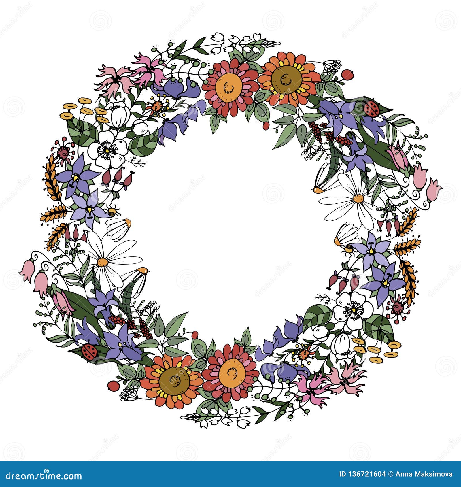 Wreath Of Various Wild Flowers Stock Vector - Illustration ...