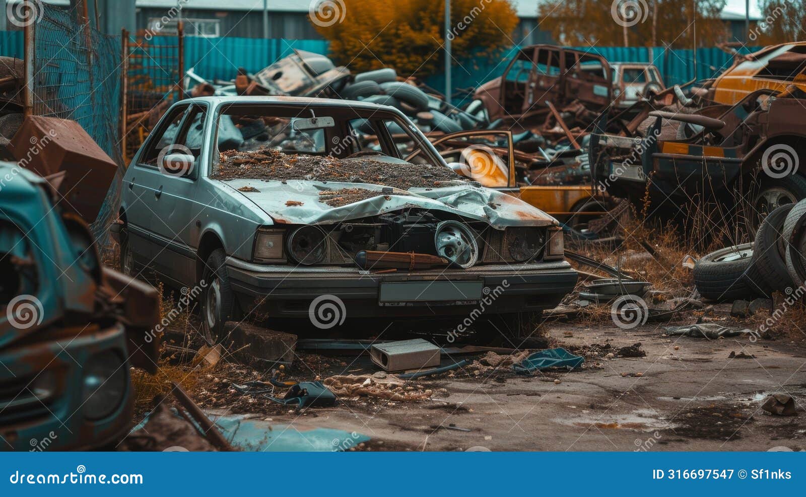 wrecked and rusted cars pile up in a cluttered junkyard, showcasing neglect and decay.