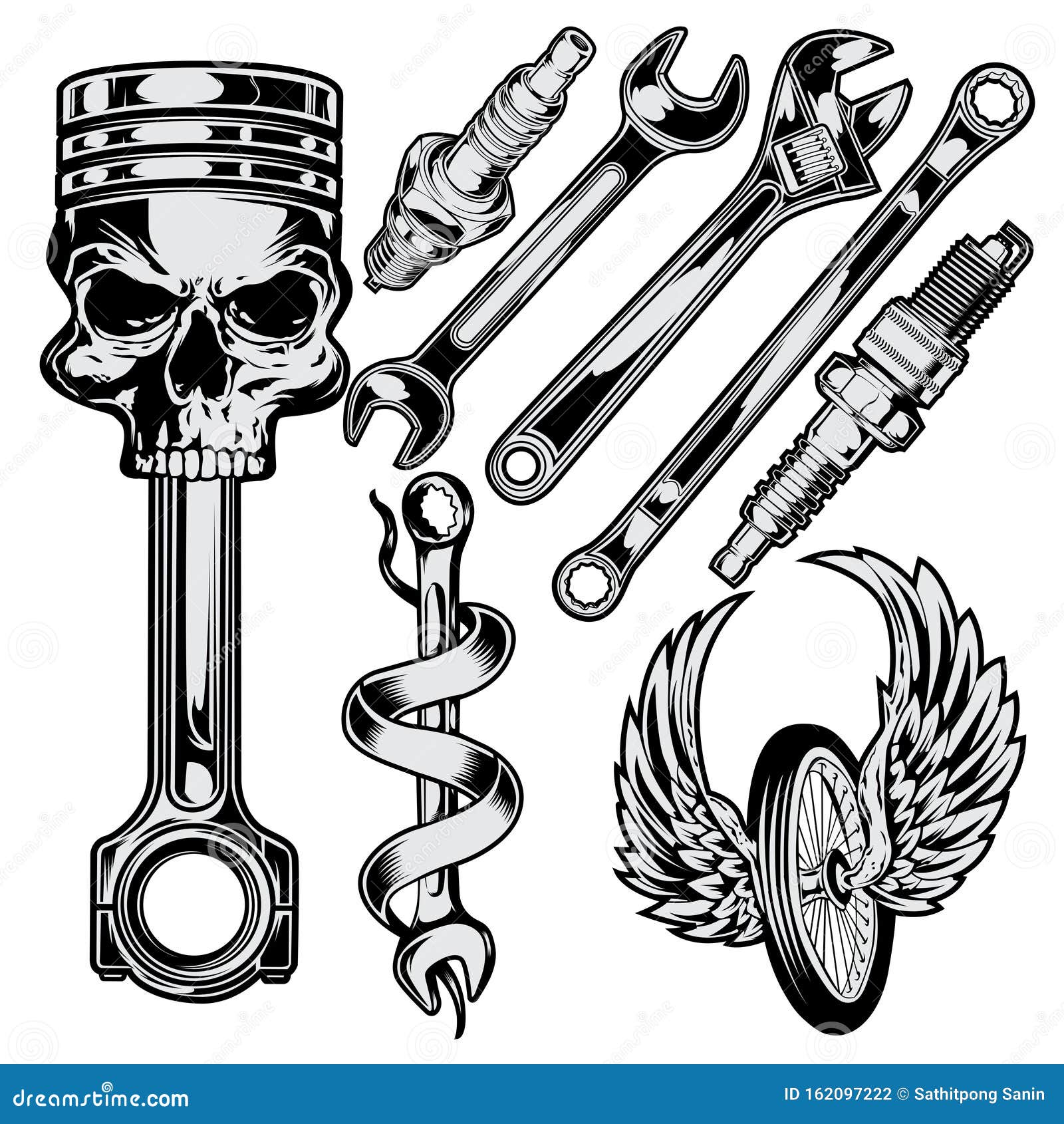 Wrench Piston Spark Plug Skull Car Motor Repair Vector Stock Illustration -  Illustration of wrench, vintage: 162097222